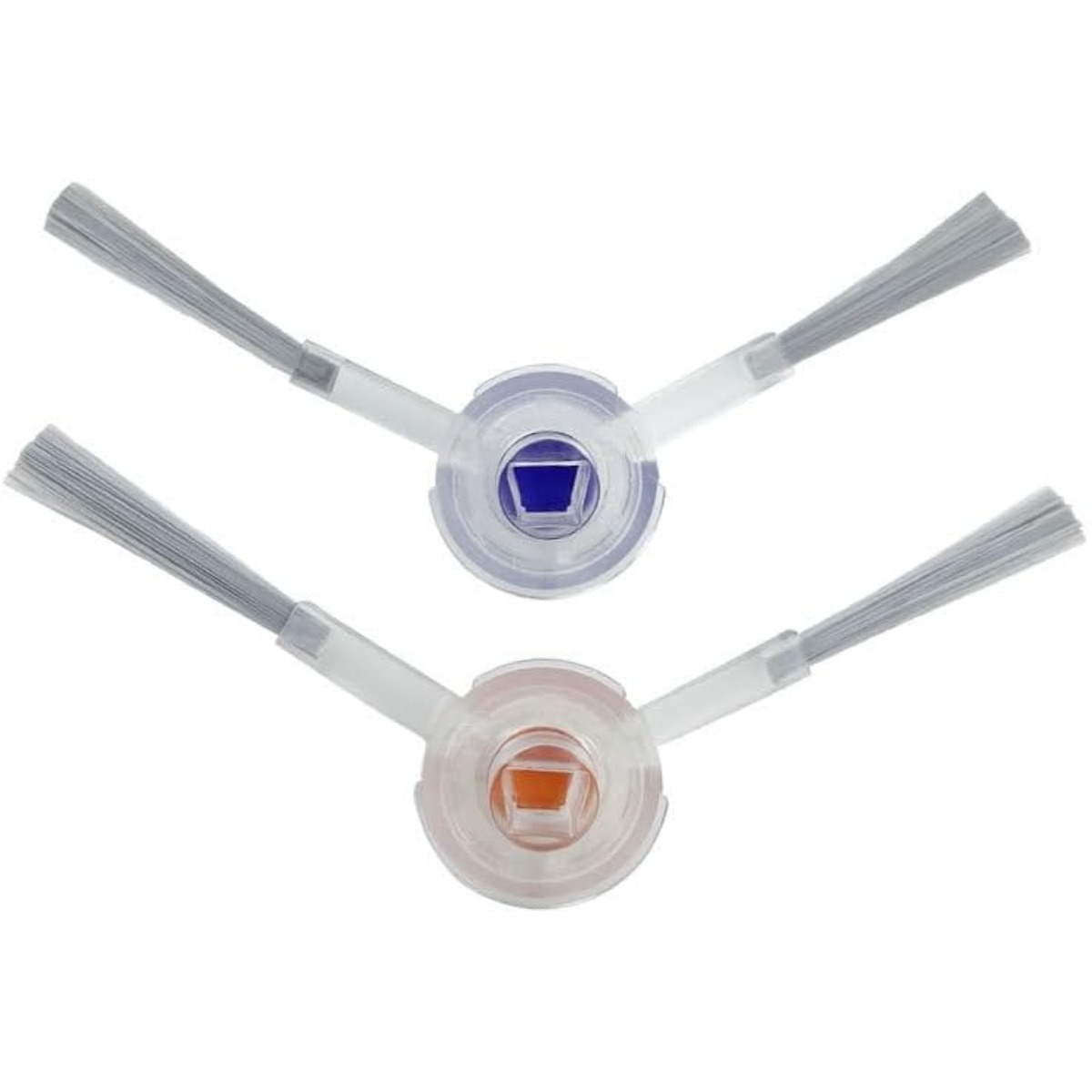 Zwei Saugroboter-Seitenbürsten mit durchsichtigen Plastikhalterungen, grauen Borsten und blau-orangen Verbindern.
