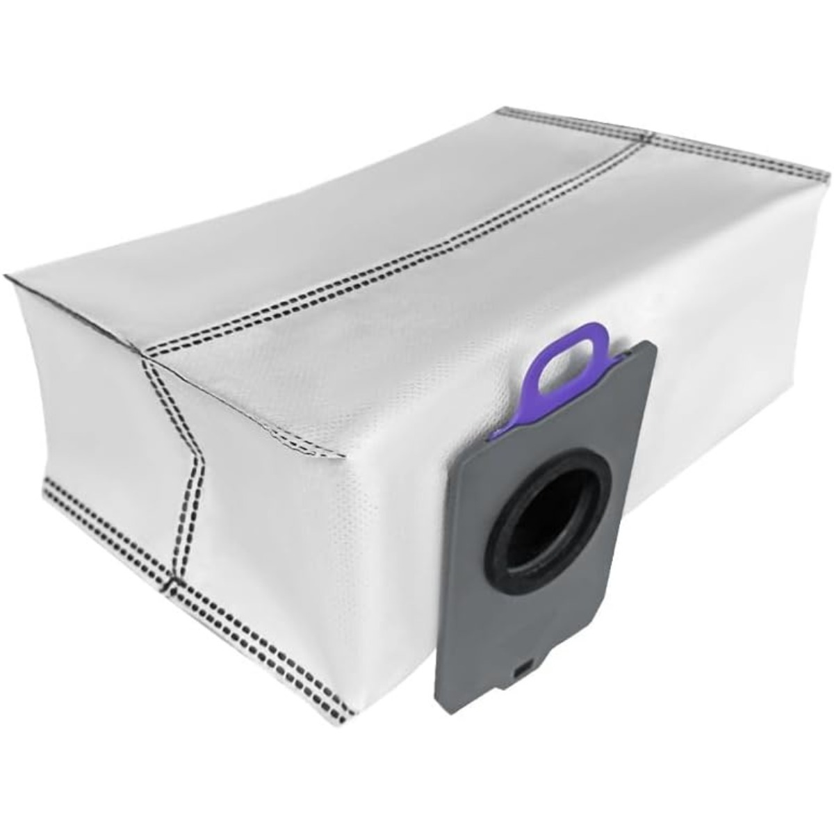 Ein weißer Staubsaugerbeutel mit grauem Plastikring und violettem Griff vor weißem Hintergrund.