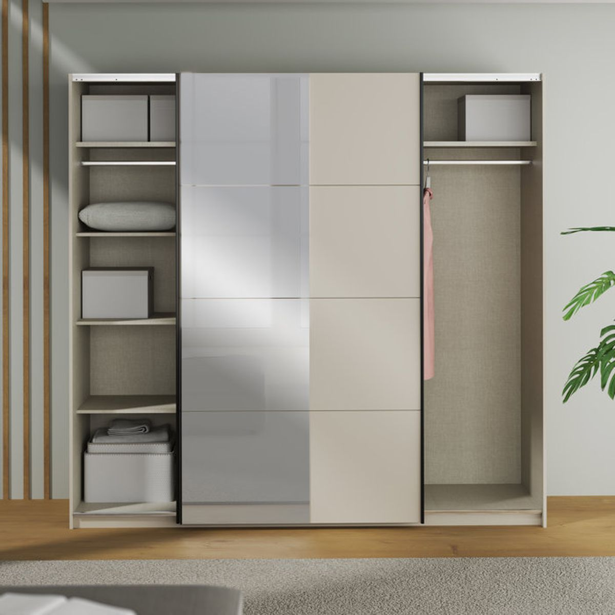 Ein großer moderner Kleiderschrank mit Schiebetüren, Regalen, Boxen und Kleiderstange in einem hellen Raum.