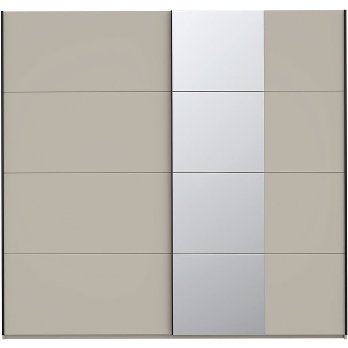 Grosser Kleiderschrank mit beige-grauen Paneelen und einem vertikalen Streifen aus Spiegelglas in der Mitte.