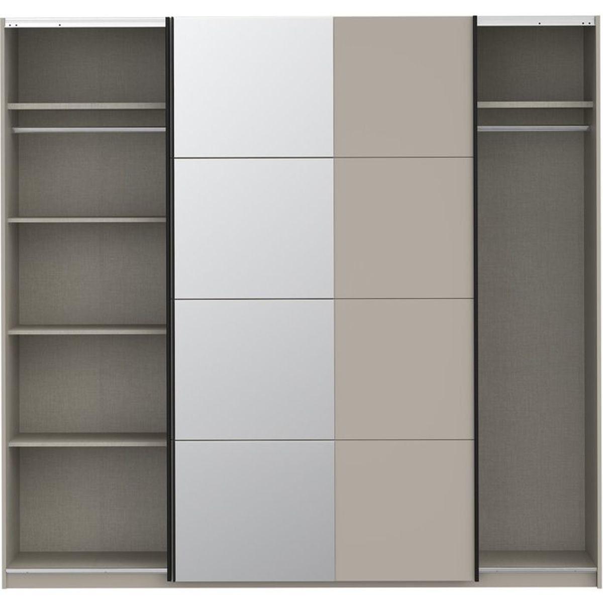 Ein großer Kleiderschrank mit offenen Regalen links, Kleiderstangen rechts und geschlossenen Schiebetüren.