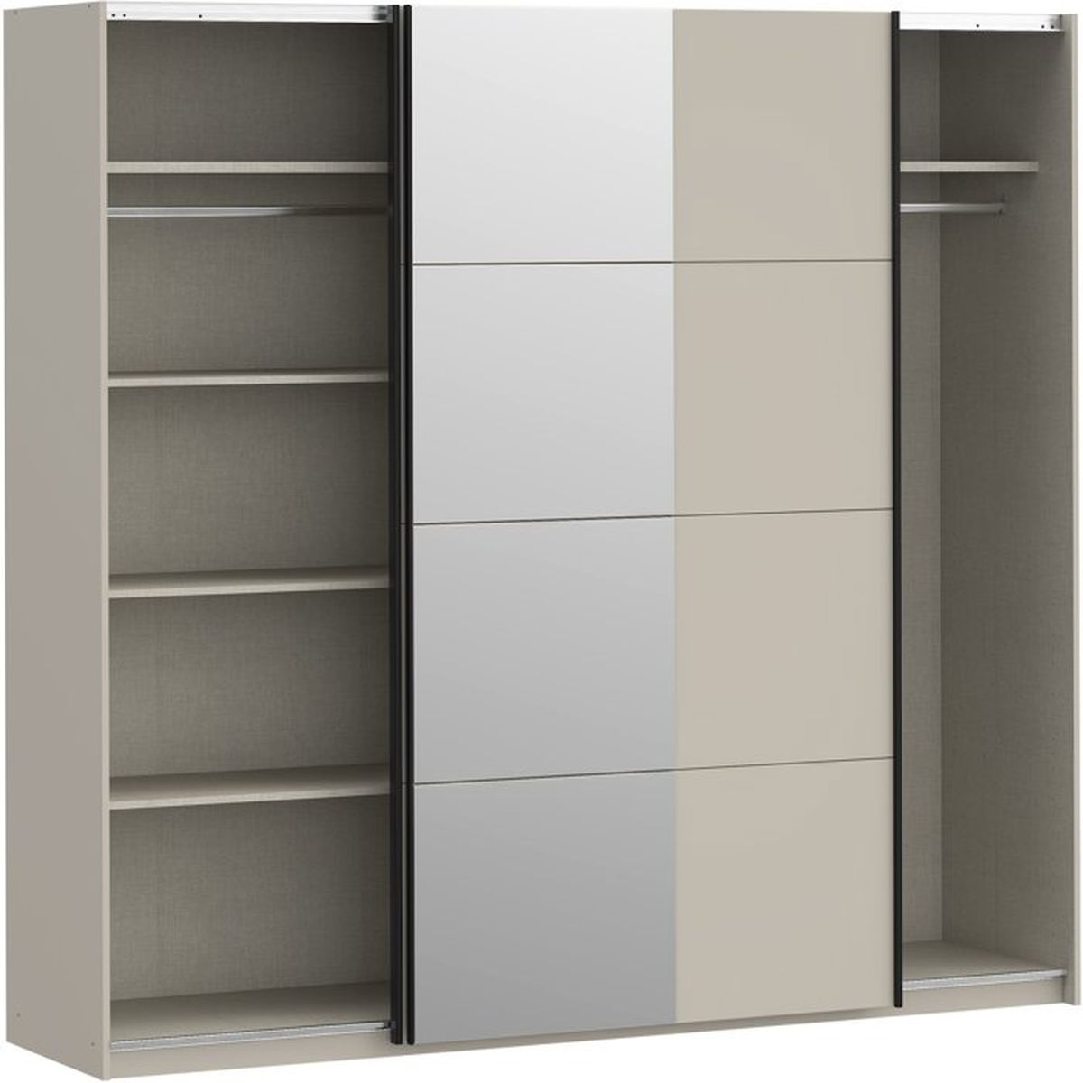 Großer grauer Kleiderschrank mit Schiebetüren, offenen Regalen links und einer Kleiderstange rechts.