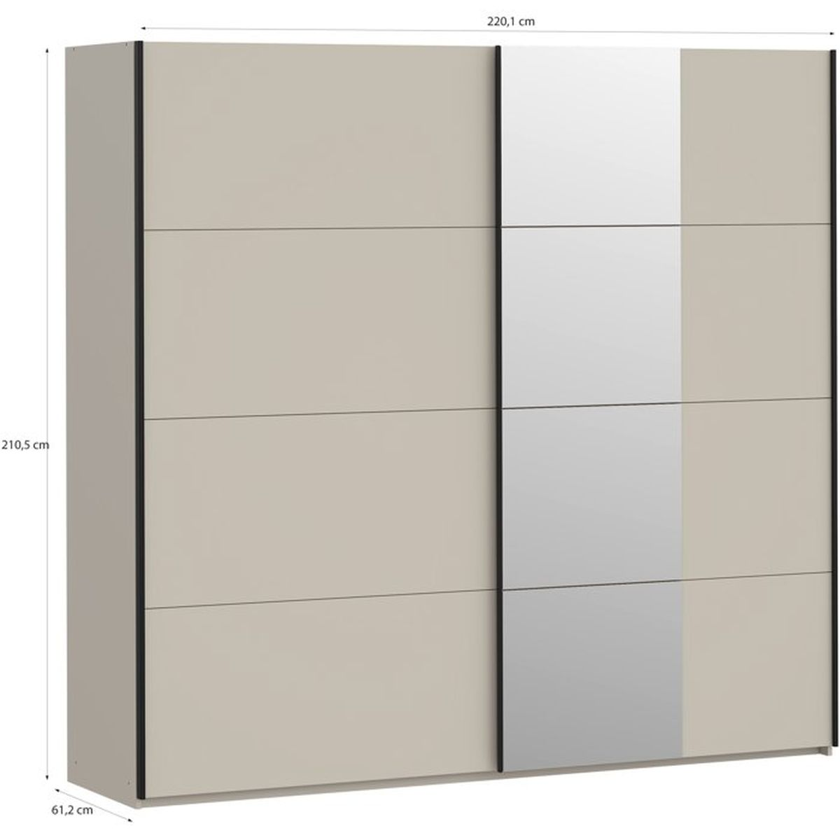Beigefarbener Schrank mit zwei Schiebetüren und integriertem Spiegel, Maße 220,1x210,5x61,2 cm.