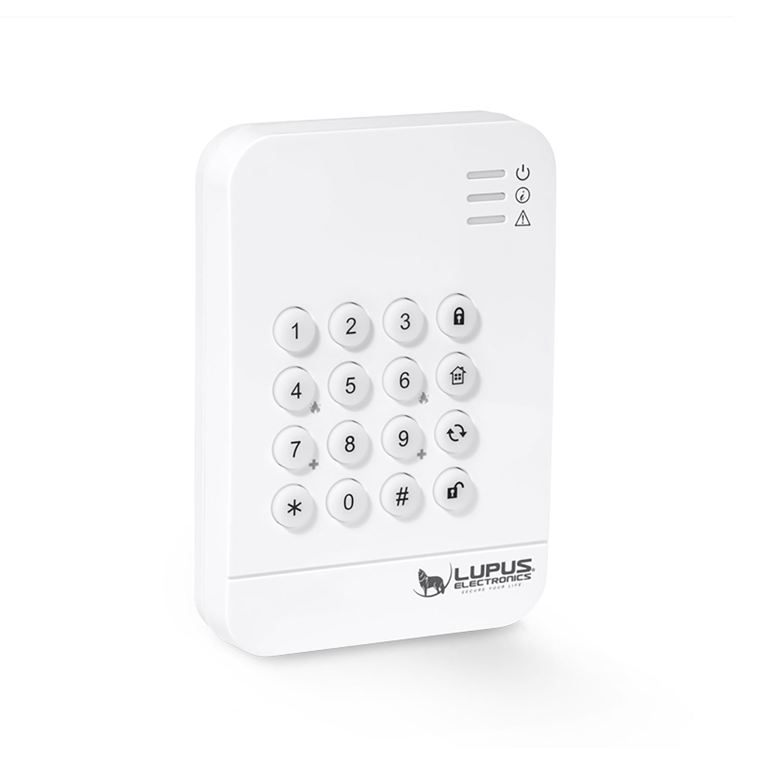 Weißes Lupus Electronics Tastenfeld mit Ziffern und Funktionssymbolen vor weißem Hintergrund.