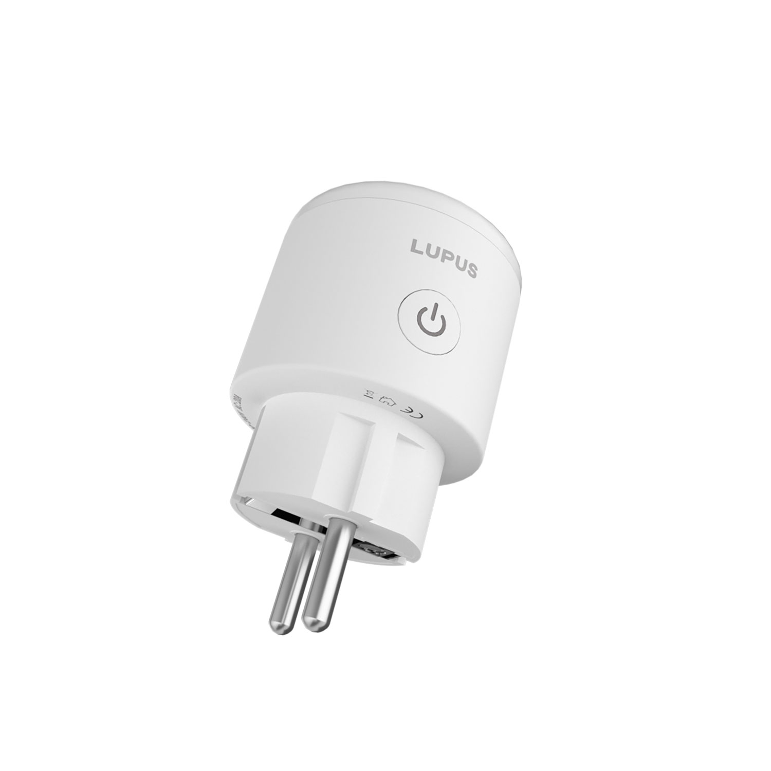 Weißer intelligenter Stecker mit Lupus-Logo und Ein/Aus-Schalter auf weißem Hintergrund.