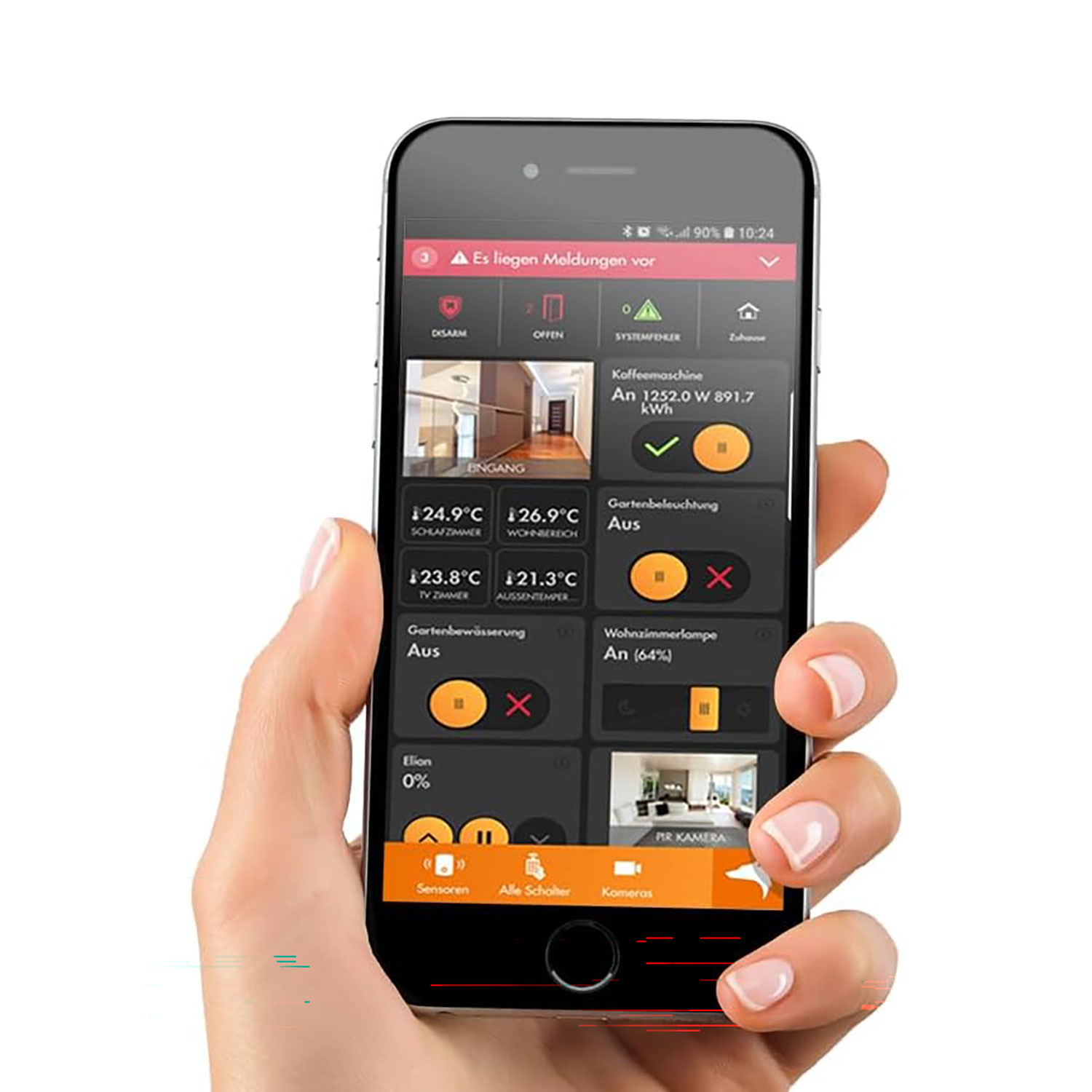 Hand hält Smartphone mit Smart-Home-App zur Steuerung von Temperatur und Geräten.