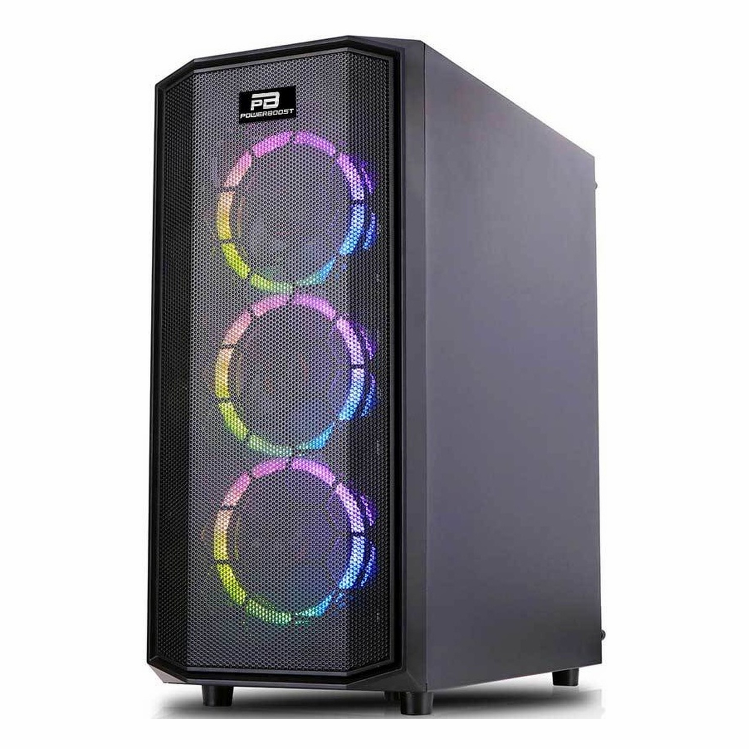 Önü mesh panelli, üç RGB fanlı ve Power Boost logolu siyah oyuncu kasası, beyaz arka planda.