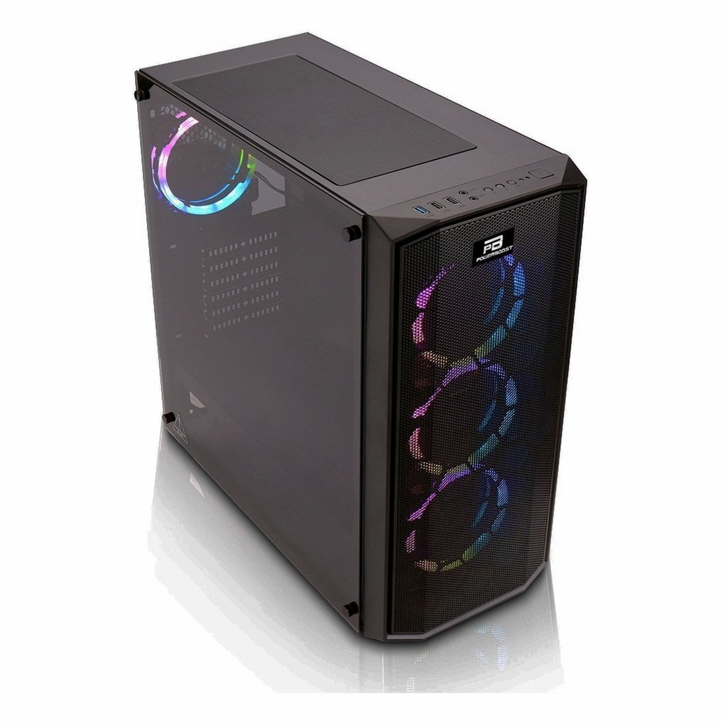 Önü mesh panelli, cam yan kapaklı ve renkli RGB fanlı siyah bir oyuncu kasası.