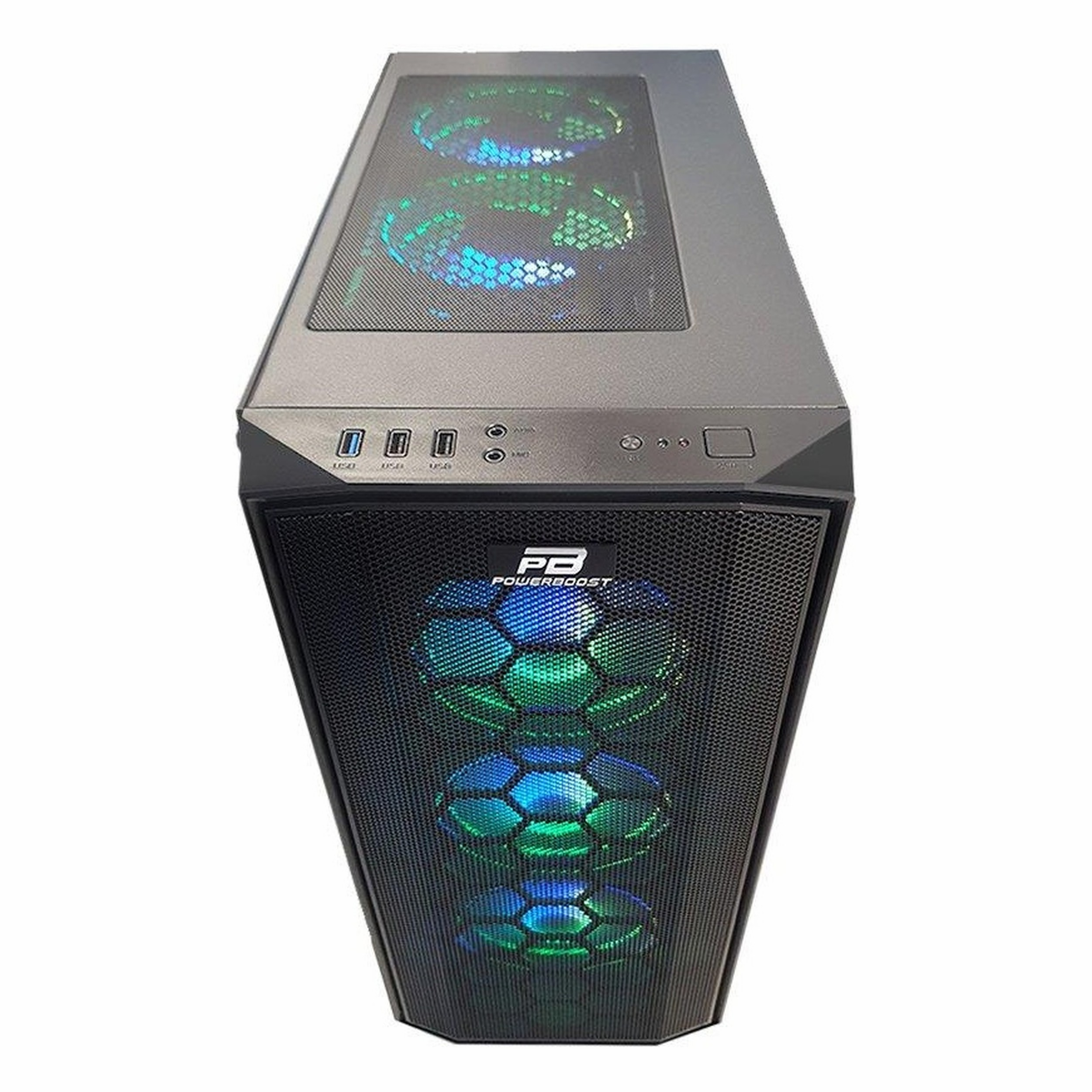 Önü ızgaralı siyah bilgisayar kasası, Power Boost logosu ve mavi-yeşil RGB aydınlatma.