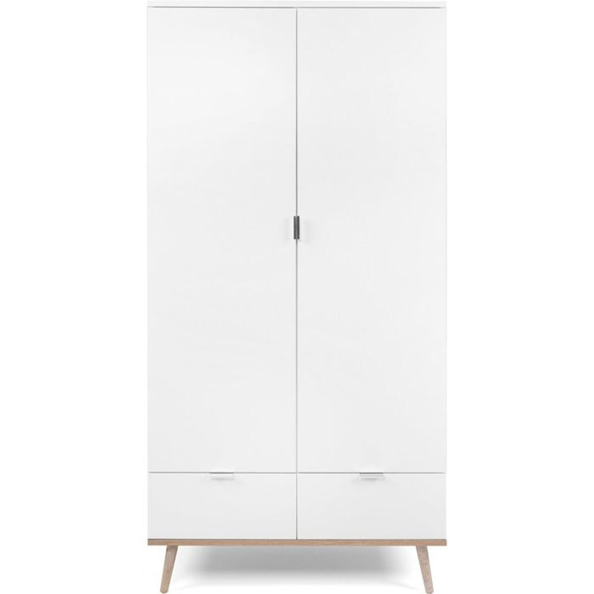 Ein moderner, weißer zweitüriger Kleiderschrank mit zwei Schubladen und hellen Holzbeinen.