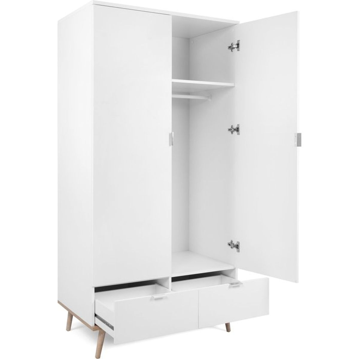 Ein weißer Kleiderschrank mit zwei Türen, einer davon offen, einem Regal, einer Kleiderstange und zwei Schubladen.