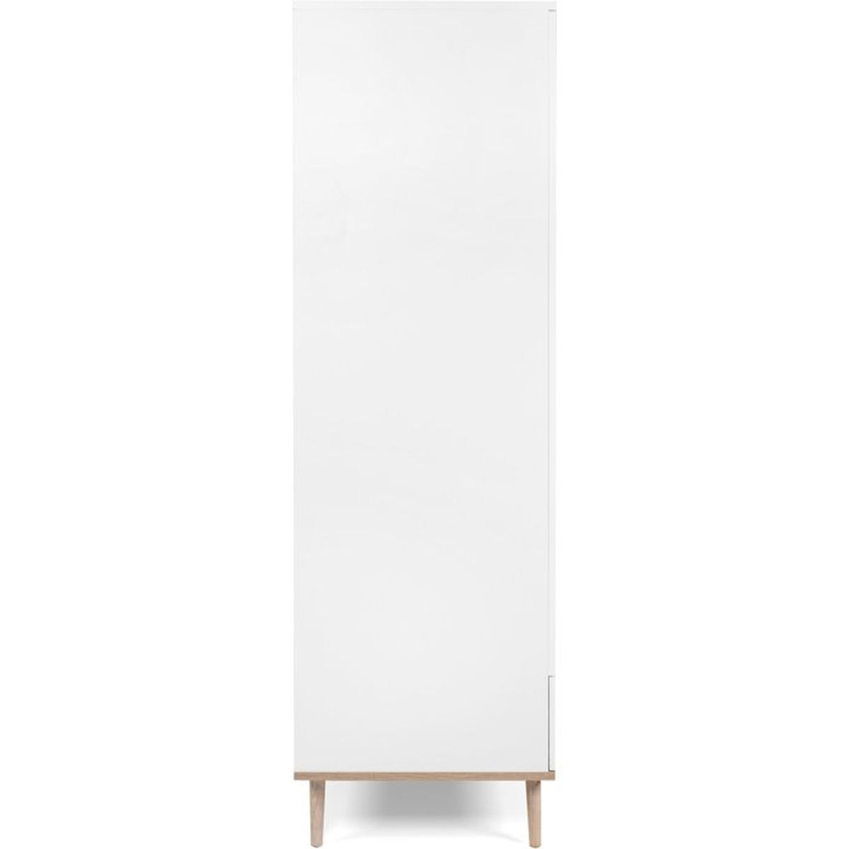 Ein weißer, schmaler Schrank mit Holzbeinen auf weißem Hintergrund.