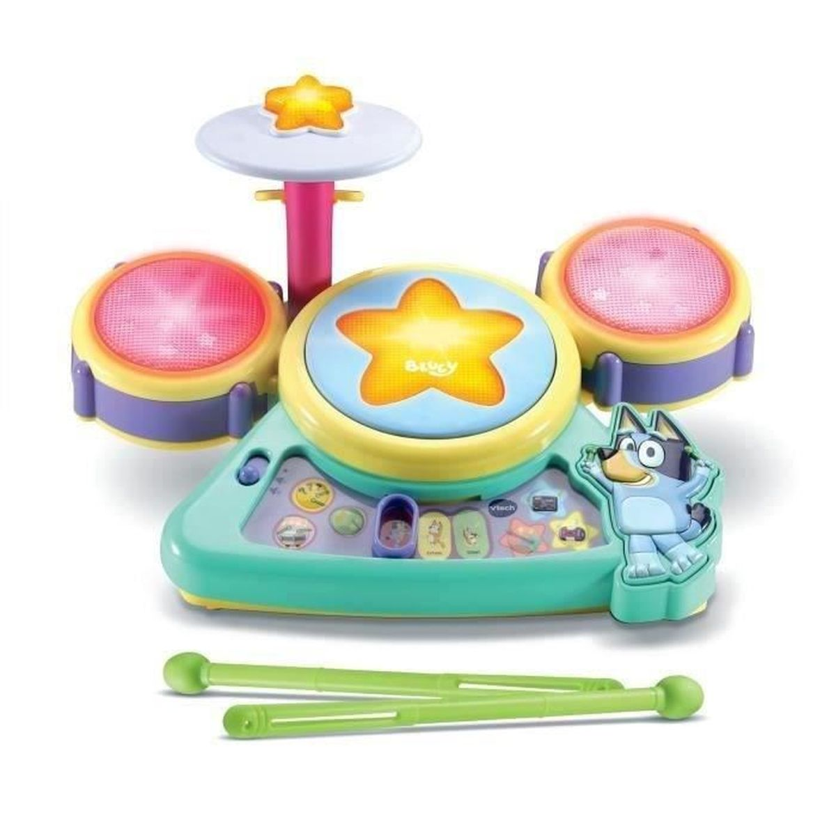 Buntes Bluey-Spielzeugschlagzeug mit Lichtern und zwei grünen Drumsticks auf weißem Grund.