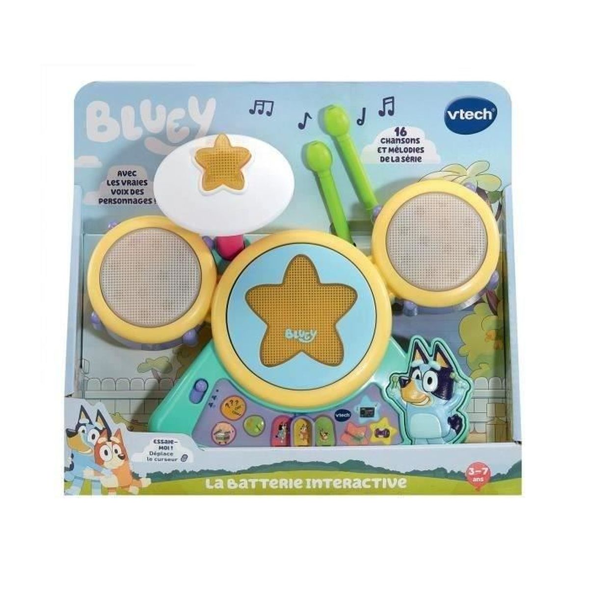 Ein farbenfrohes VTech Bluey interaktives Schlagzeug-Spielset mit Trommeln und gelben Sternen in der Verpackung.