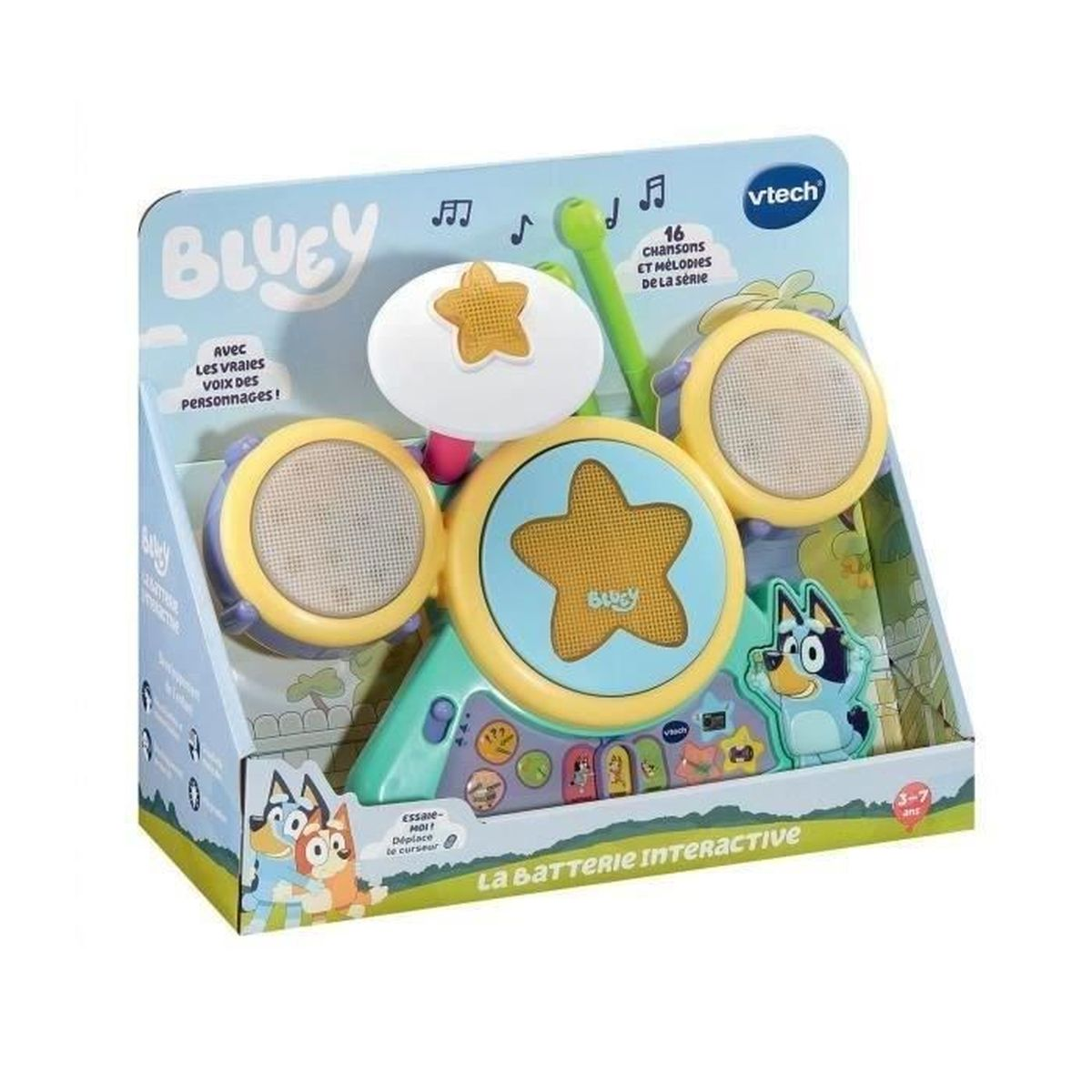 Bluey VTech interaktives Schlagzeug-Spielset in bunter Verpackung mit Sternmotiven.