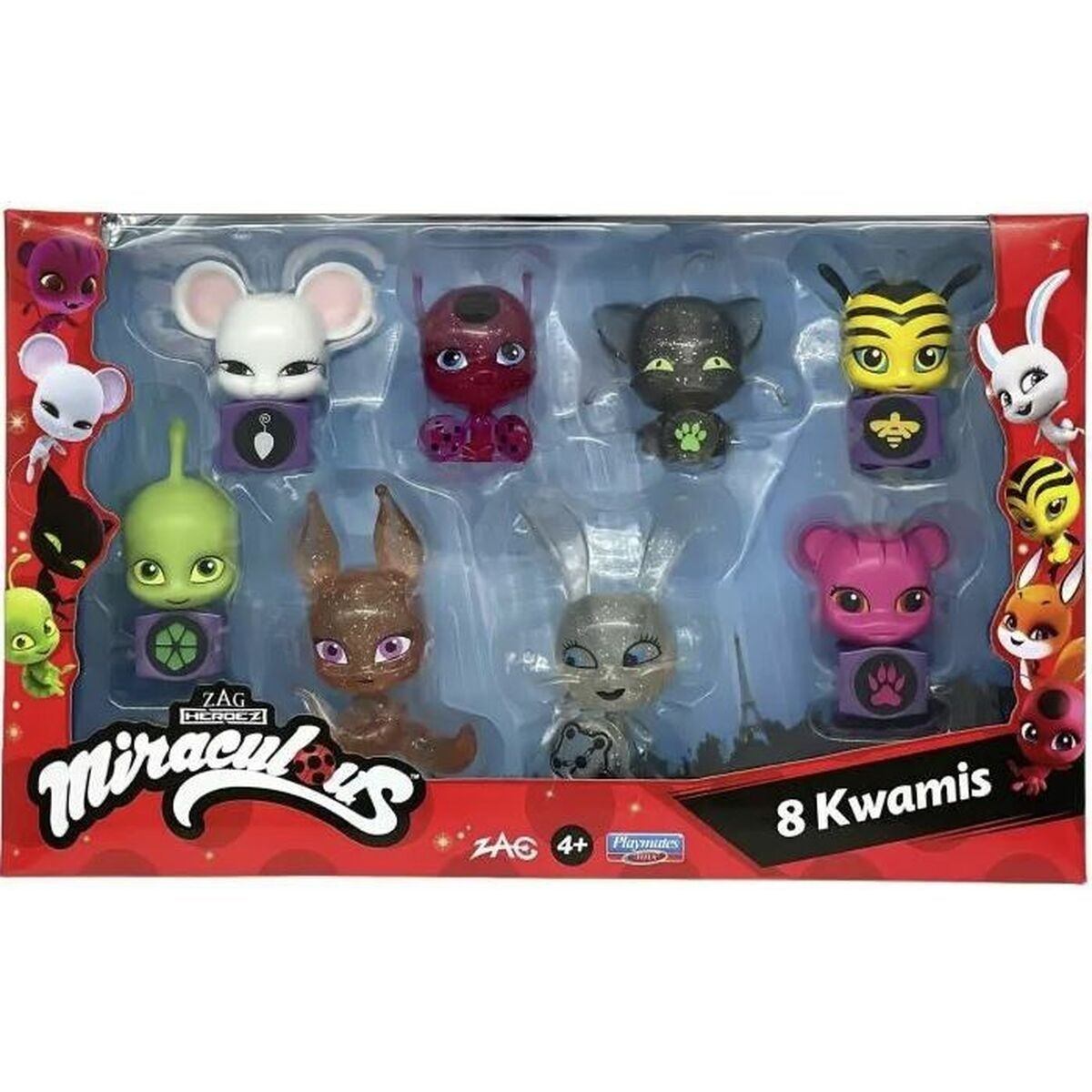 Eine Spielzeugschachtel mit acht bunten Miraculous Kwami-Figuren in Blisterverpackung.