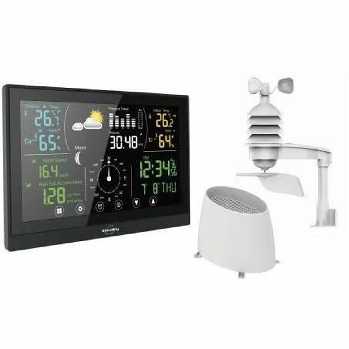 Wetterstation mit digitalem Farbdisplay, Aussensensor und Regenmesser auf weissem Hintergrund.