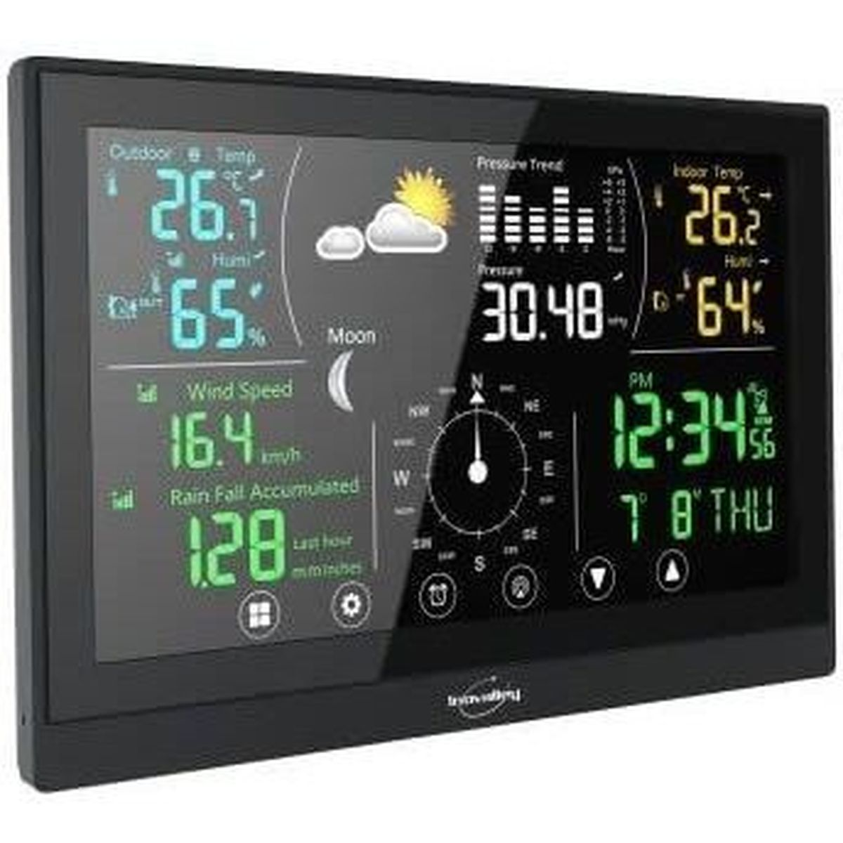 Digitale Wetterstation mit schwarzem Rahmen zeigt Temperatur, Luftfeuchtigkeit, Wind, Luftdruck und Uhrzeit an.