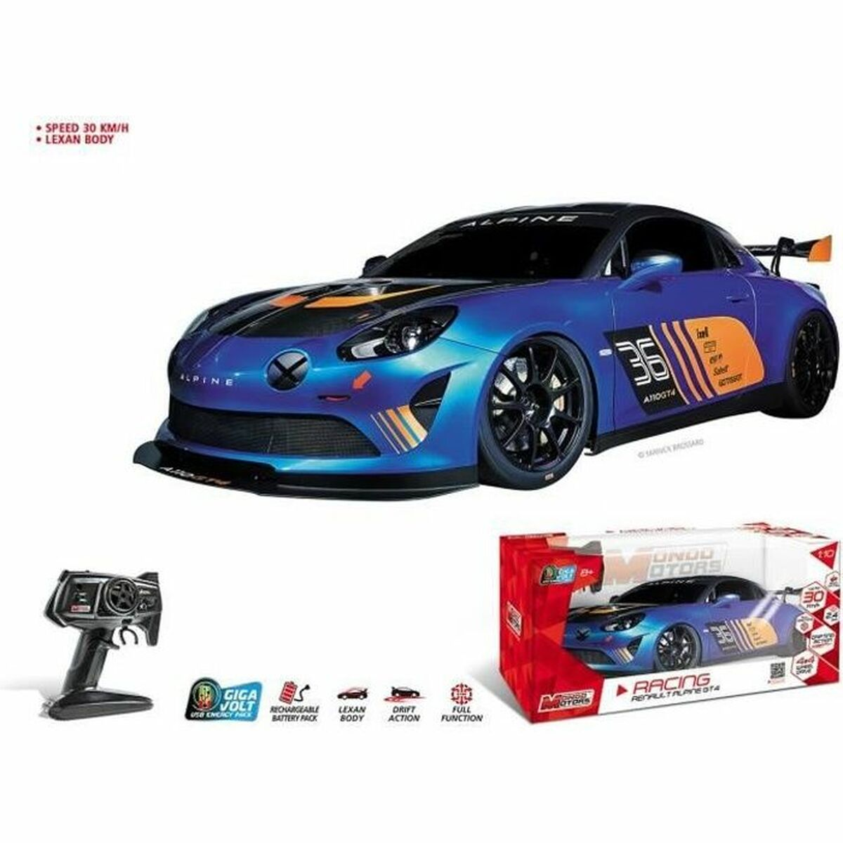 Ein blaues RC-Rennauto mit Fernbedienung und Verpackung.