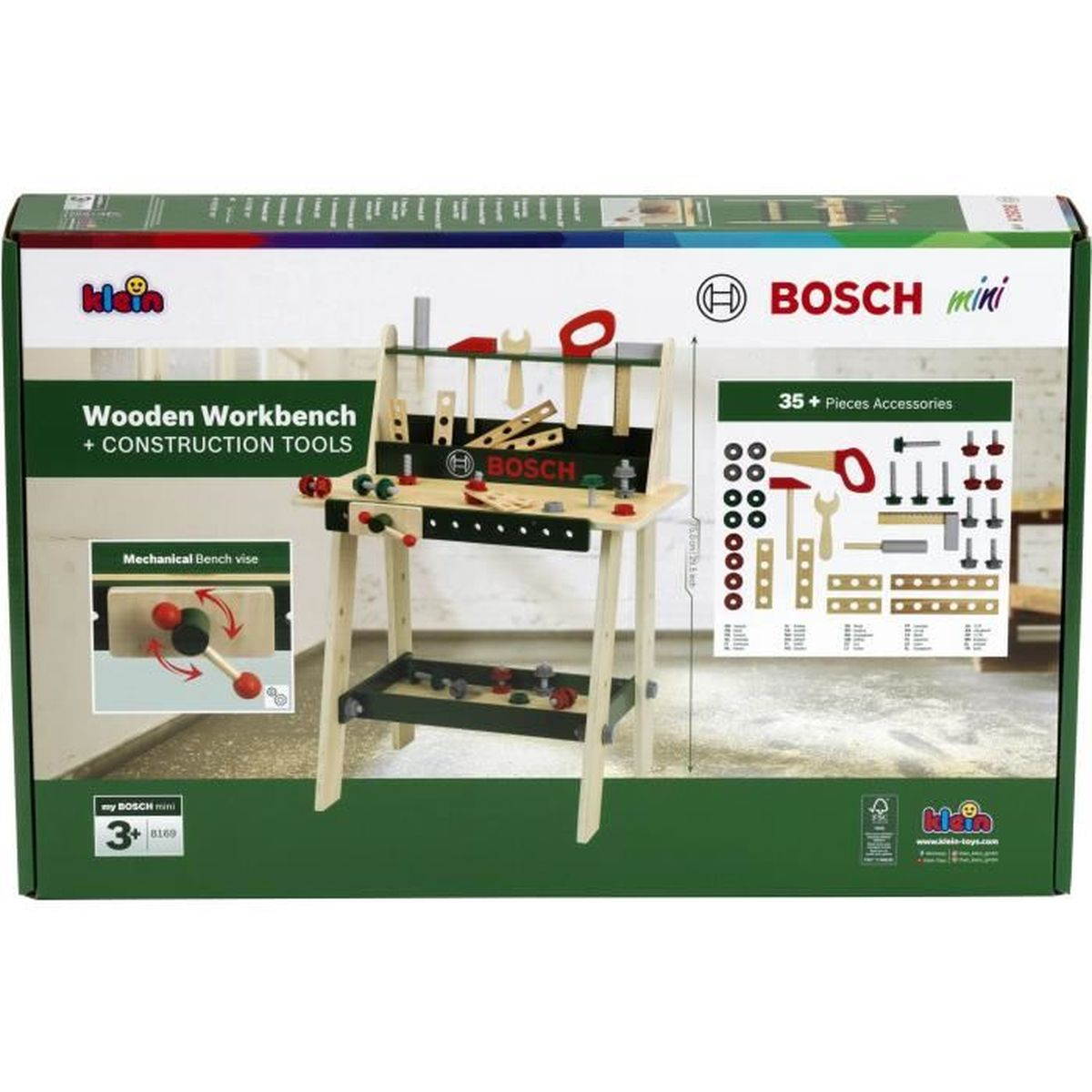 Verpackung der Bosch Mini Holz-Werkbank mit Werkzeugen und Zubehör.