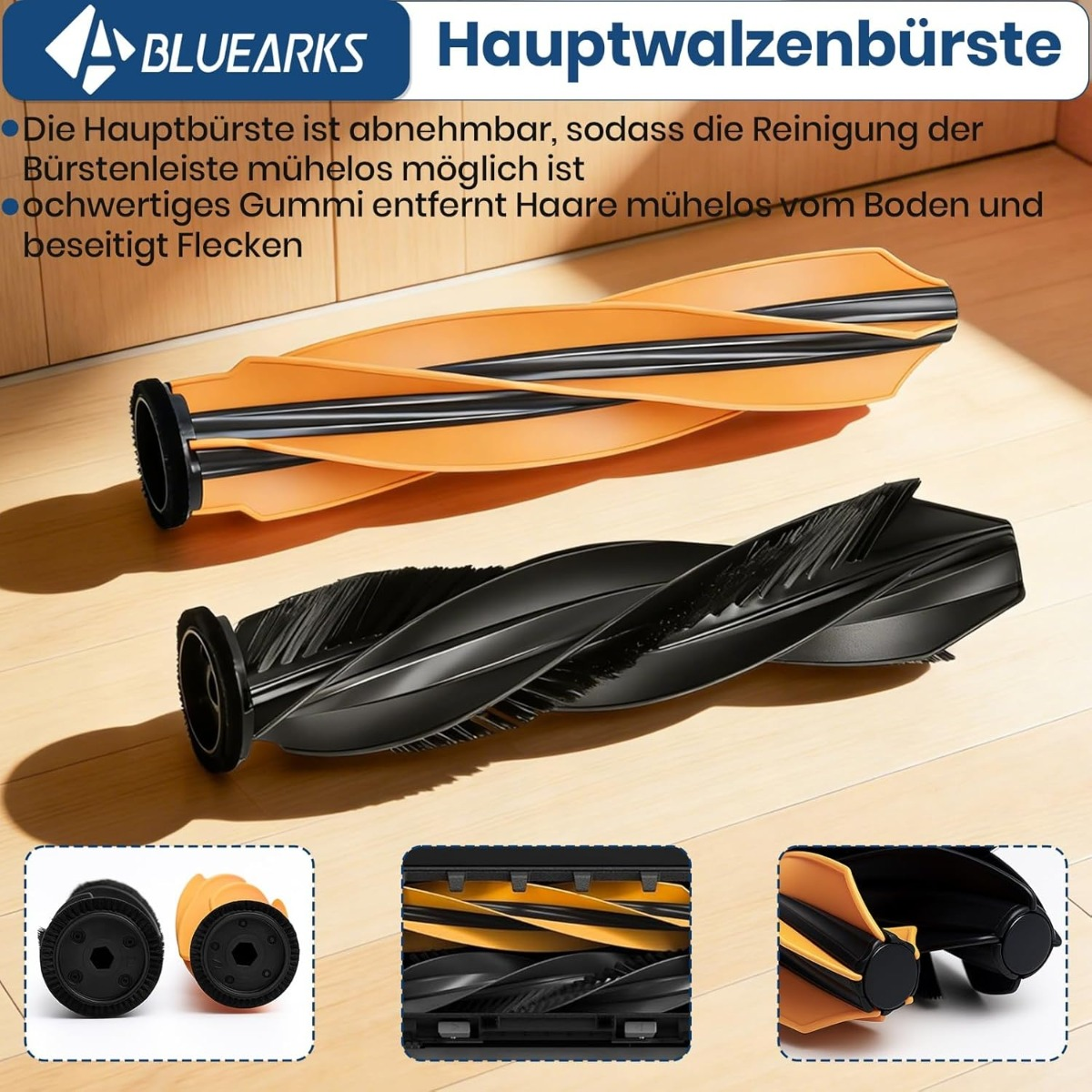 Zwei Walzenbürsten, orange und schwarz, für Staubsauger, mit Detailansichten unten.