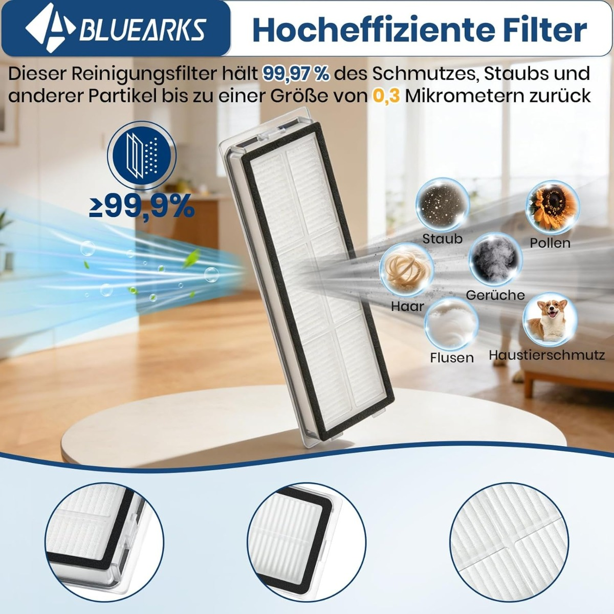 Ein Luftreinigerfilter steht aufrecht und zeigt Symbole gefilterter Partikel wie Staub, Pollen und Haare.