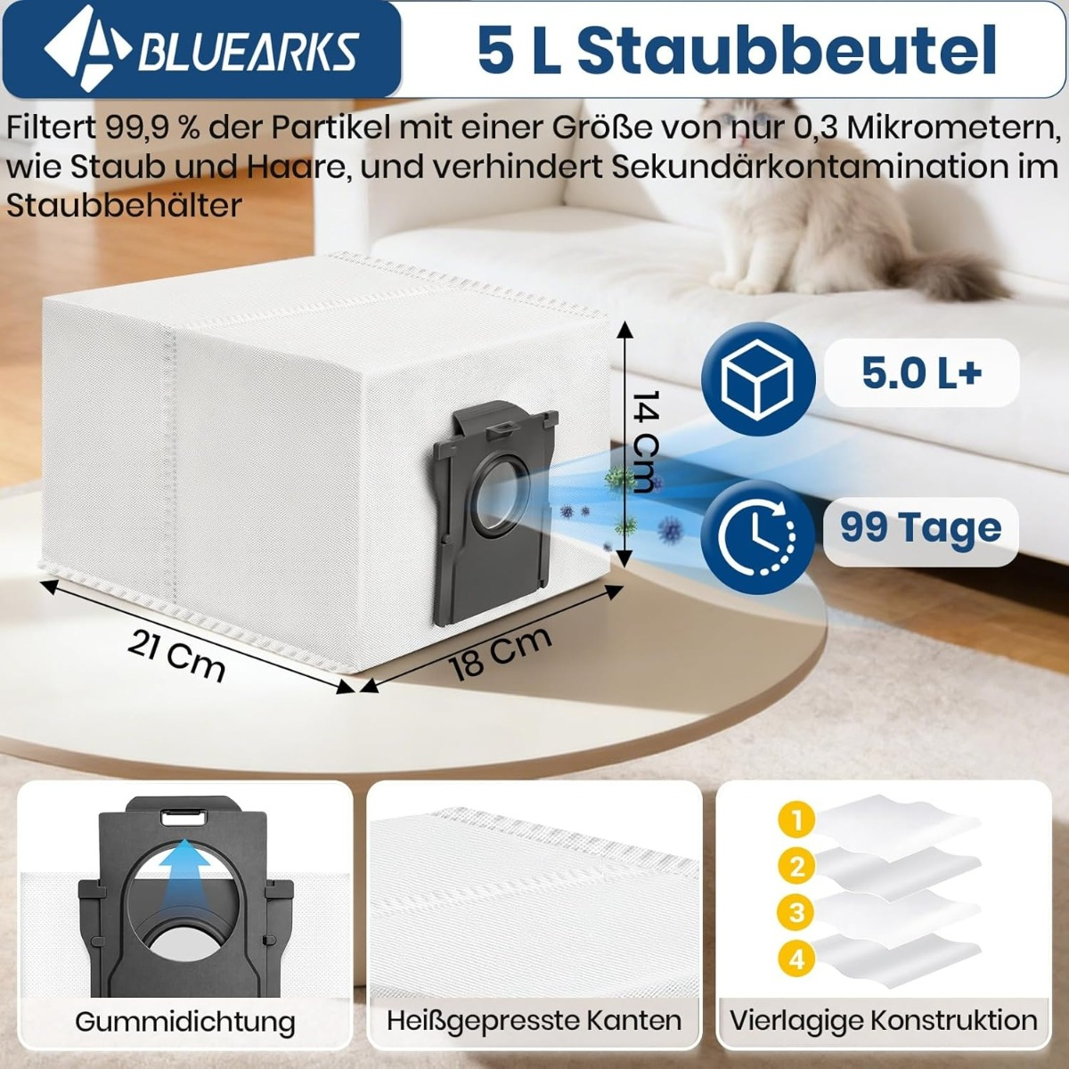 Produktwerbung für einen 5L Staubbeutel mit Maßen und Icons auf einem Tisch.