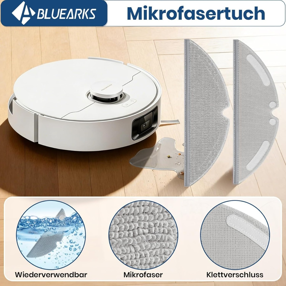 Weißer Saugroboter mit zwei grauen Mikrofasermtüchern und drei Detailbildern auf Holzboden.