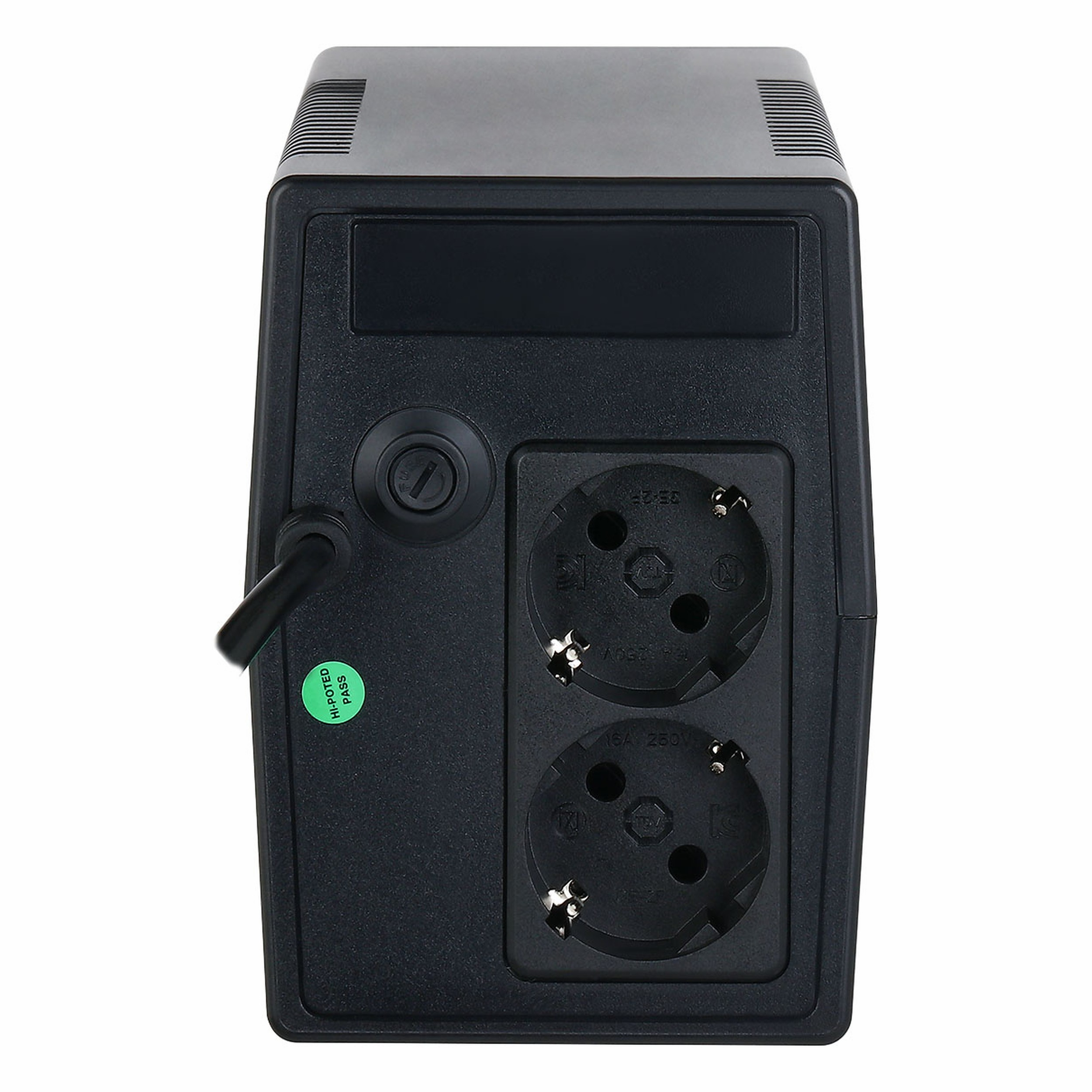 Beyaz arka planda iki elektrik prizi ve yuvarlak bir anahtar bulunan siyah bir UPS cihazının arka görünümü.