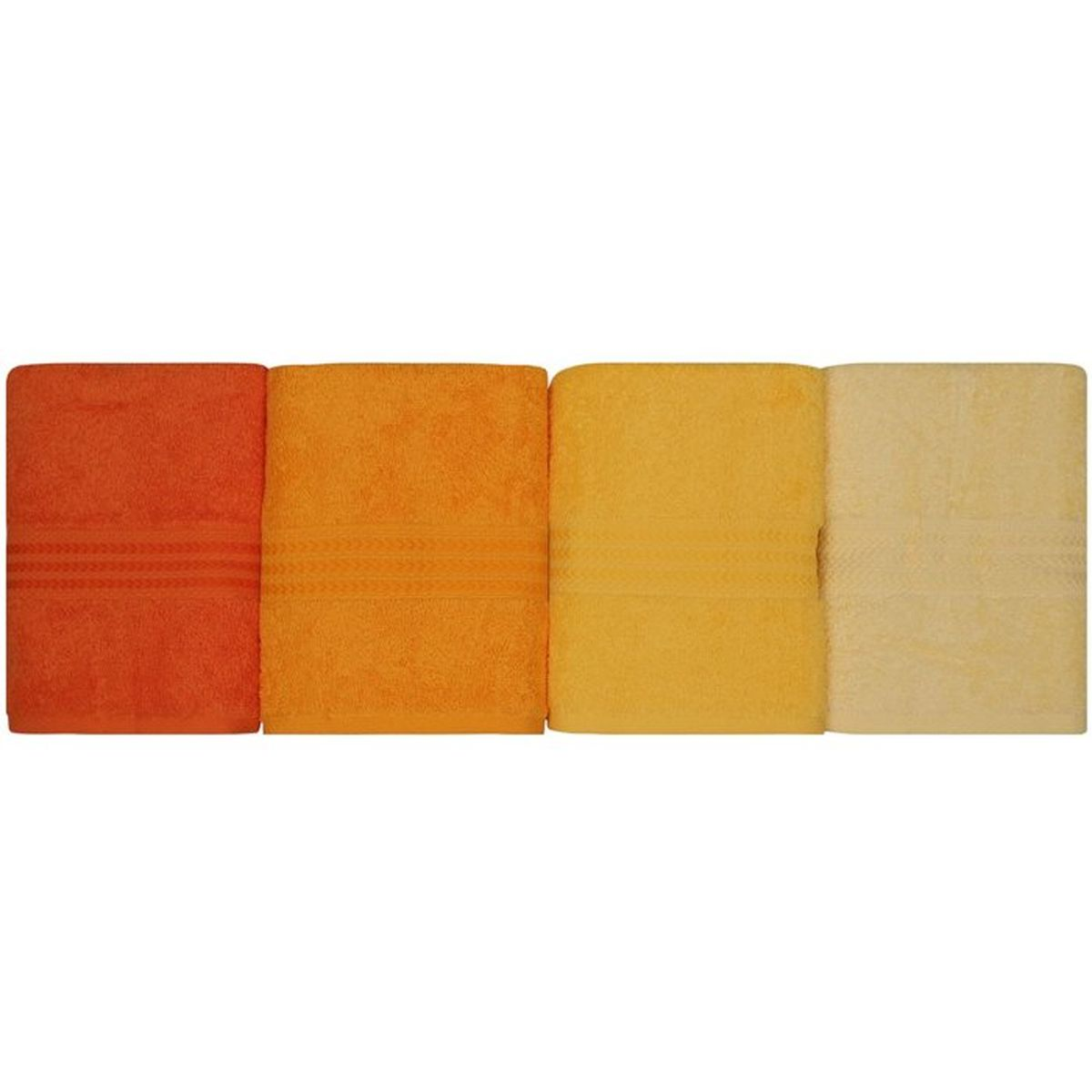 Vier ordentlich gefaltete Handtücher in einer Farbpalette von dunklem Orange bis hellem Gelb auf weißem Hintergrund.