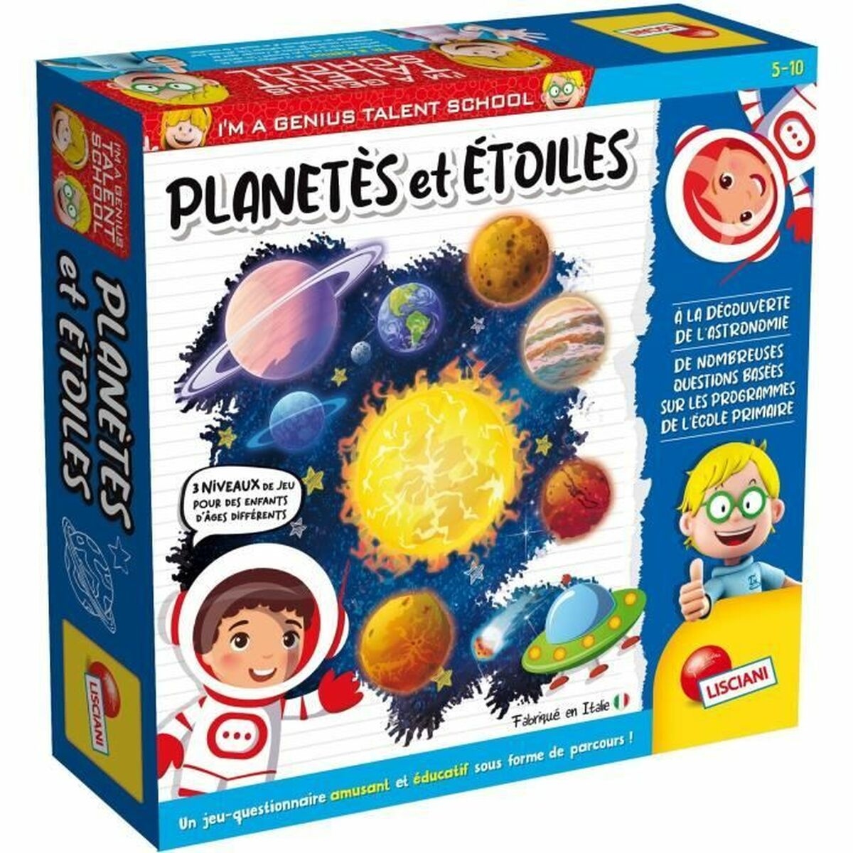 Brettspielkarton für Planetes et Etoiles mit Weltraum-Thema, Planeten, Sternen, Sonne und Astronauten auf Französisch.