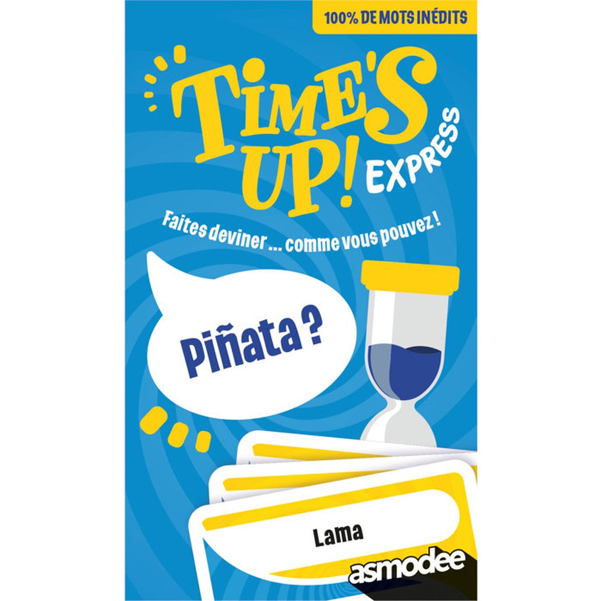 Time's Up Express Kartenspiel Box in Blau und Gelb mit Sanduhr.