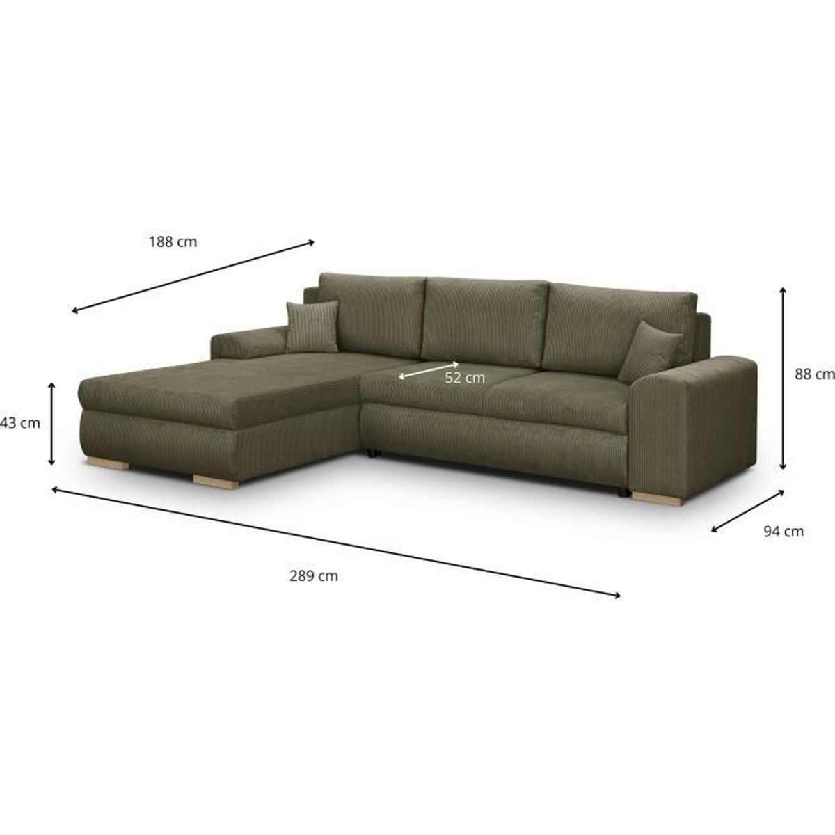 Grünes Ecksofa mit Cordstoff, zwei Kissen und genauen Maßangaben in Zentimetern.