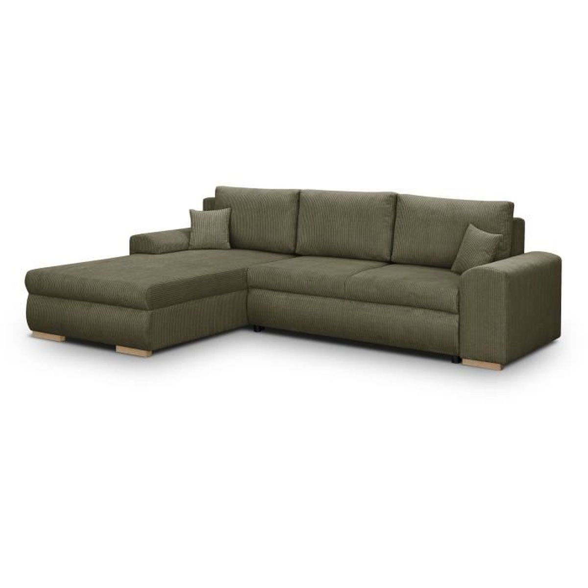 Ein großes, olivgrünes Cordsofa in L-Form mit zwei kleinen Kissen auf einem hellen Holzboden.