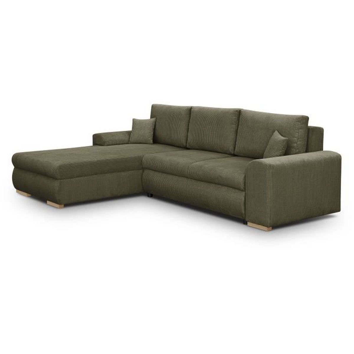 Ein großes, grünes Cord-Ecksofa mit Chaiselongue links und zwei kleinen Kissen steht auf weißem Hintergrund.