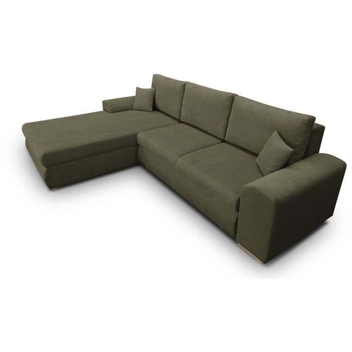 Ein olivgrünes Cord-Ecksofa mit Chaiselongue und zwei Zierkissen auf weißem Hintergrund.