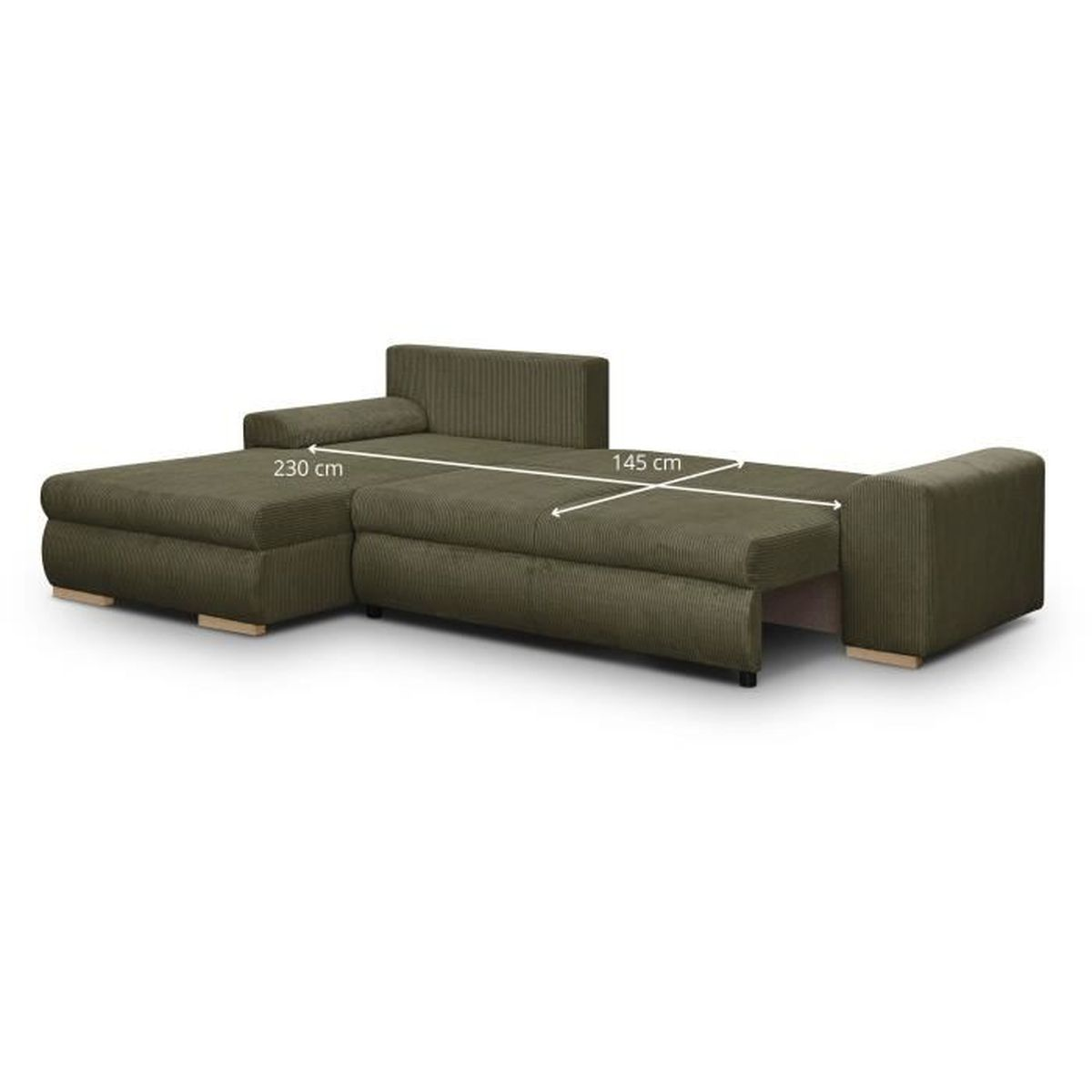 Grünes Ecksofa in Cord-Optik mit Maßen 230 cm und 145 cm, ausziehbar auf weißem Hintergrund.