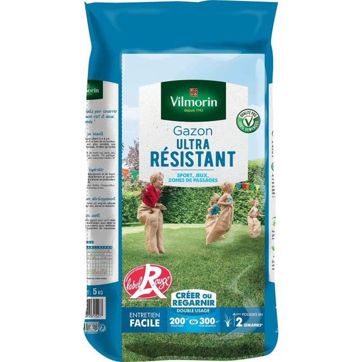 Blaue Vilmorin Rasensamen-Verpackung mit Kindern, die Sackhüpfen auf grünem Gras spielen.