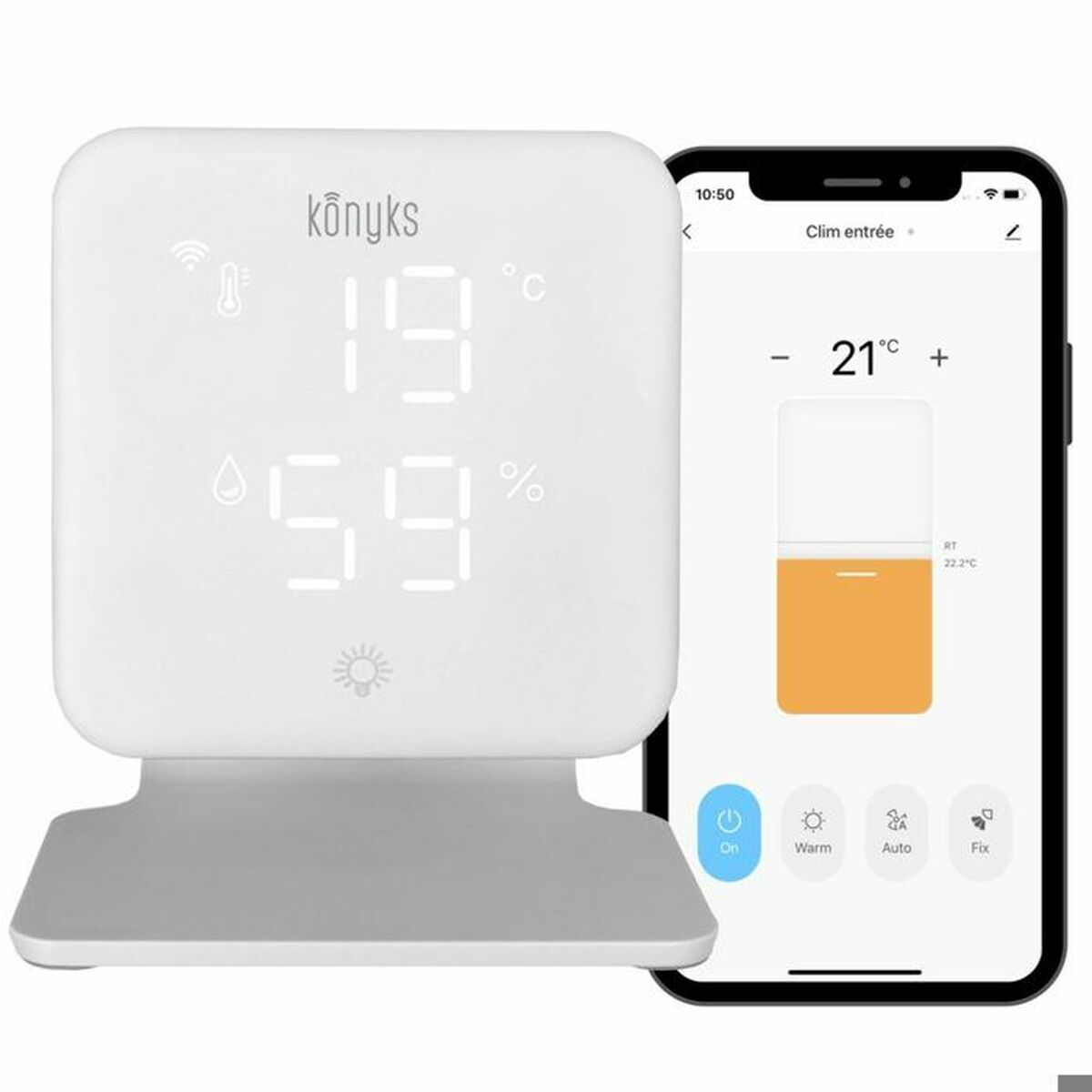 Weißes Thermostat mit digitaler Anzeige und Smartphone, das die App-Steuerung zeigt.