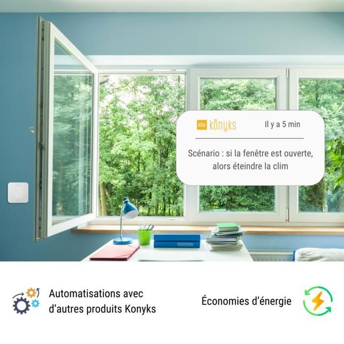 Ein offenes Fenster mit Blick auf üppige grüne Bäume und einem Smart-Home-Benachrichtigungs-Overlay.