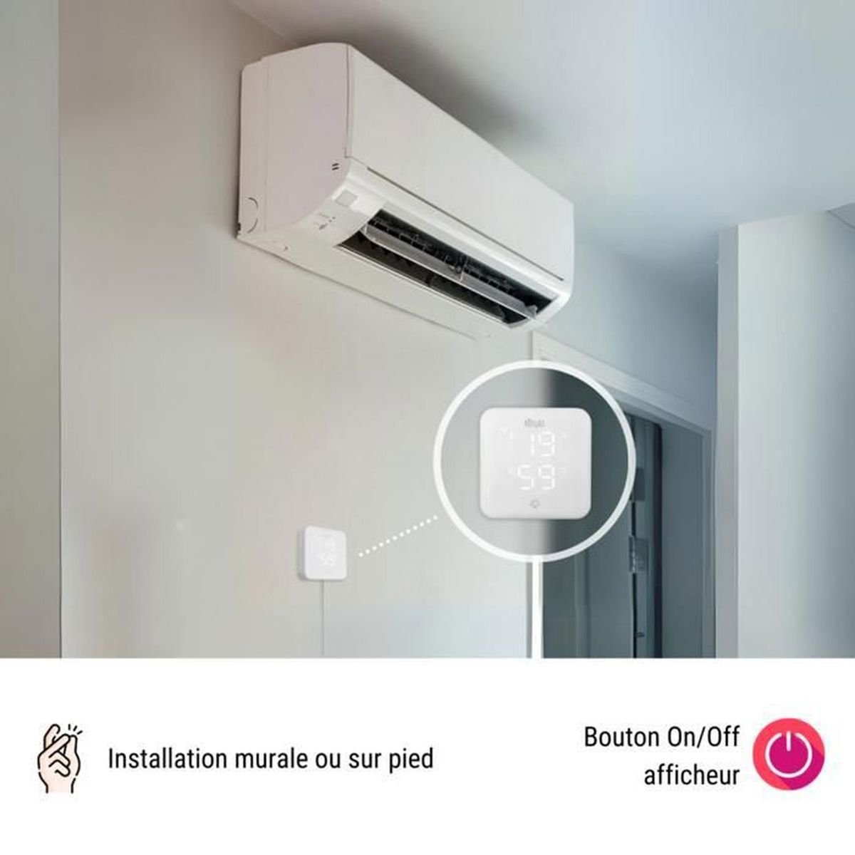 Eine weiße Klimaanlage an einer Wand mit einem kleinen digitalen Thermostat darunter.