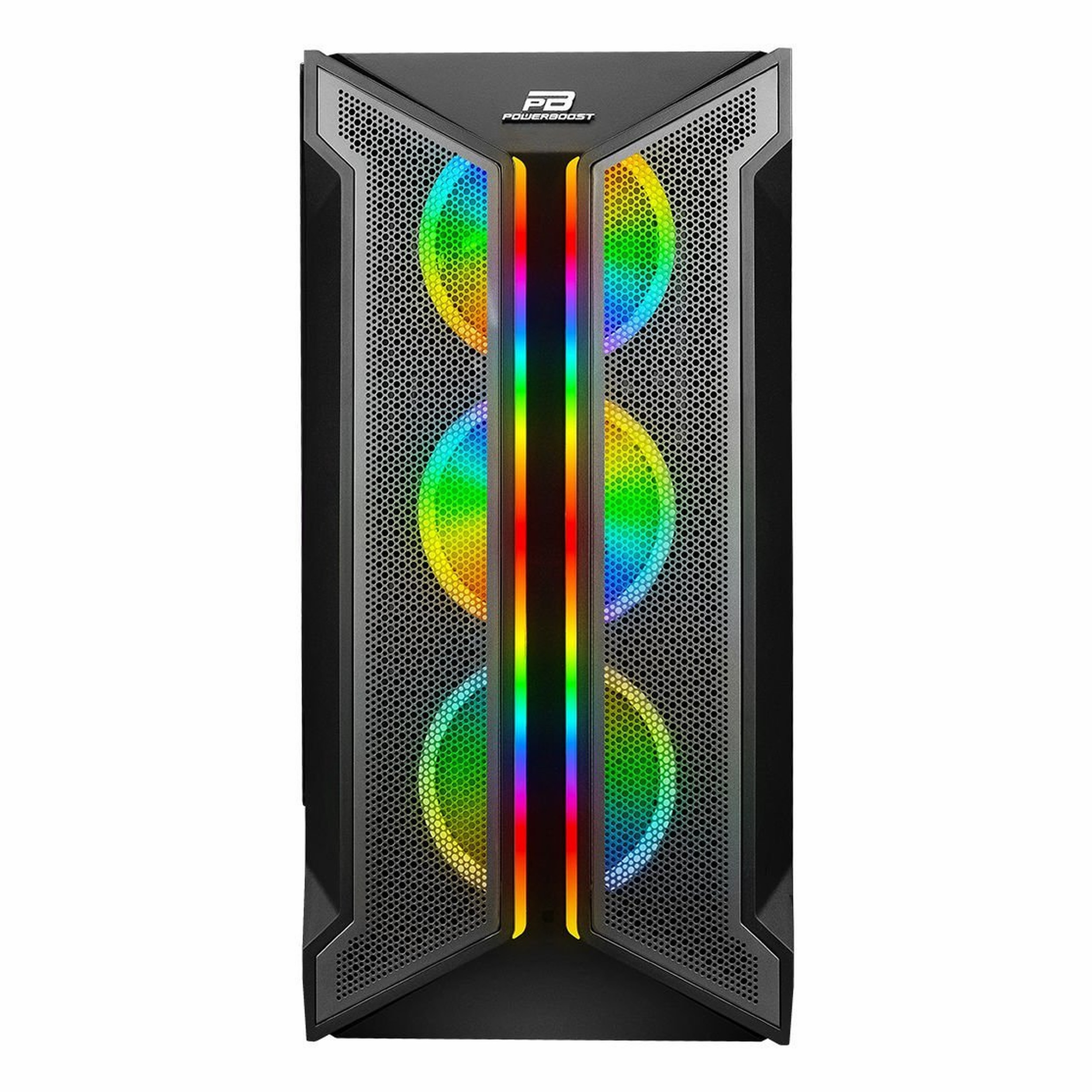 Ön paneli ızgaralı, dikey RGB ışık şeritli ve üç renkli fanlı siyah bir oyuncu kasası.
