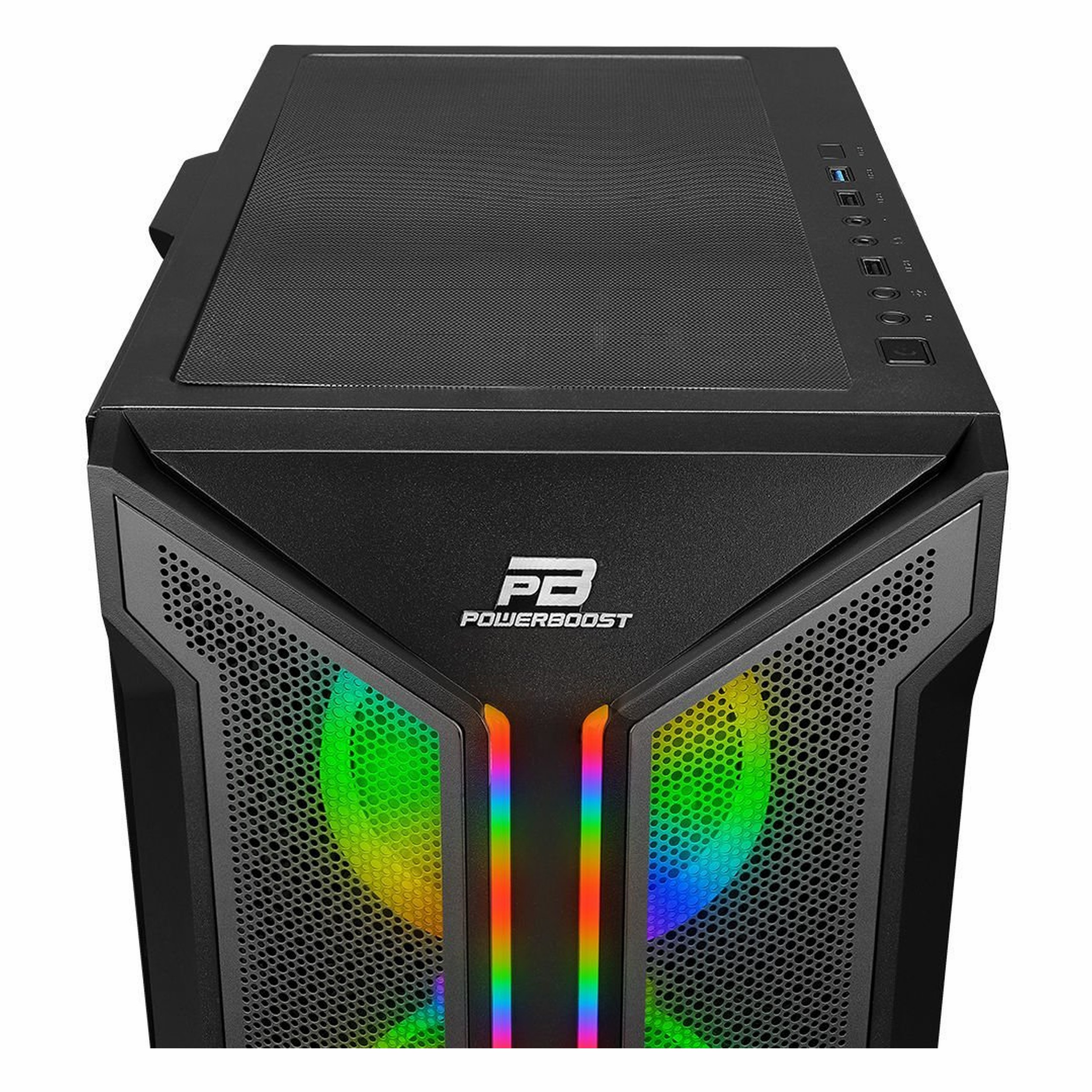 Fileli üst panelli, ön RGB fanlı ve Power Boost logolu siyah PC kasası.