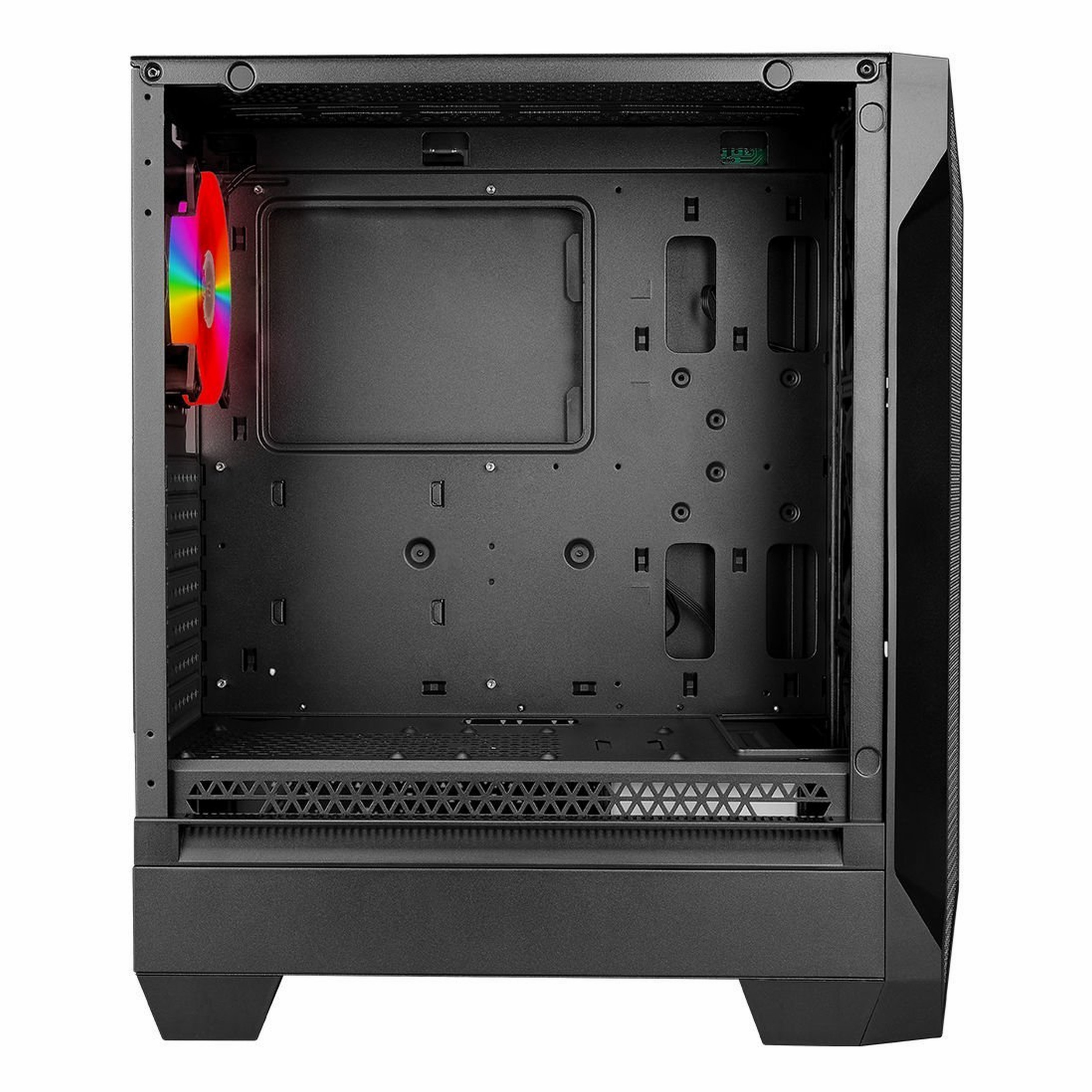 Arka panelinde tek renkli parlayan bir RGB fanı bulunan boş bir siyah bilgisayar kasası.