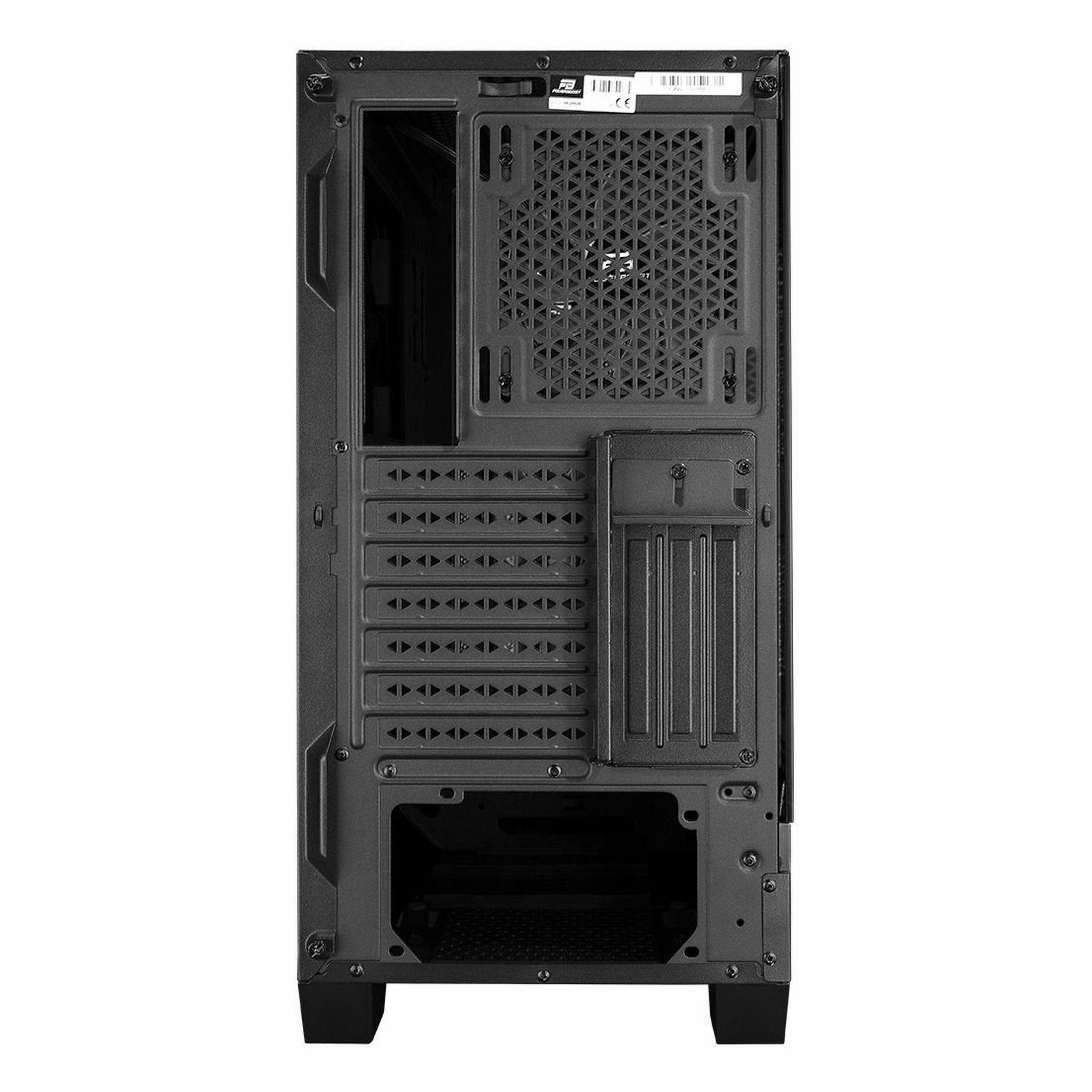 Havalandırma ızgarası, genişleme yuvaları ve güç kaynağı yuvasına sahip siyah bir bilgisayar kasasının arkası.