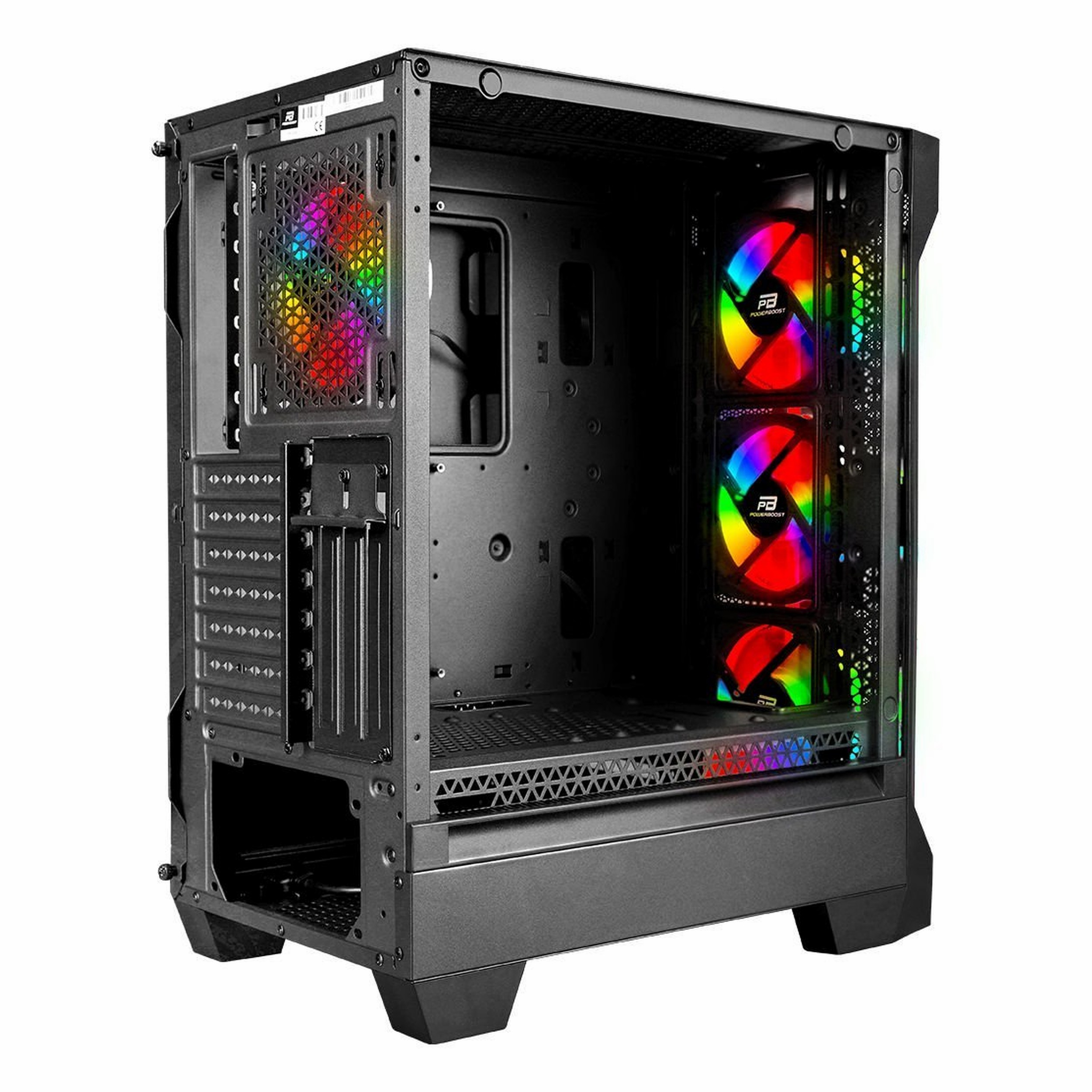 İçi boş, dört adet RGB aydınlatmalı fana sahip siyah bilgisayar kasası.