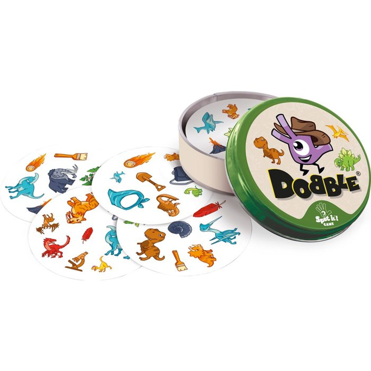 Dobble Kartenspiel mit runder grüner Metalldose und vier ausgebreiteten Spielkarten voller Dinosaurier-Symbole.