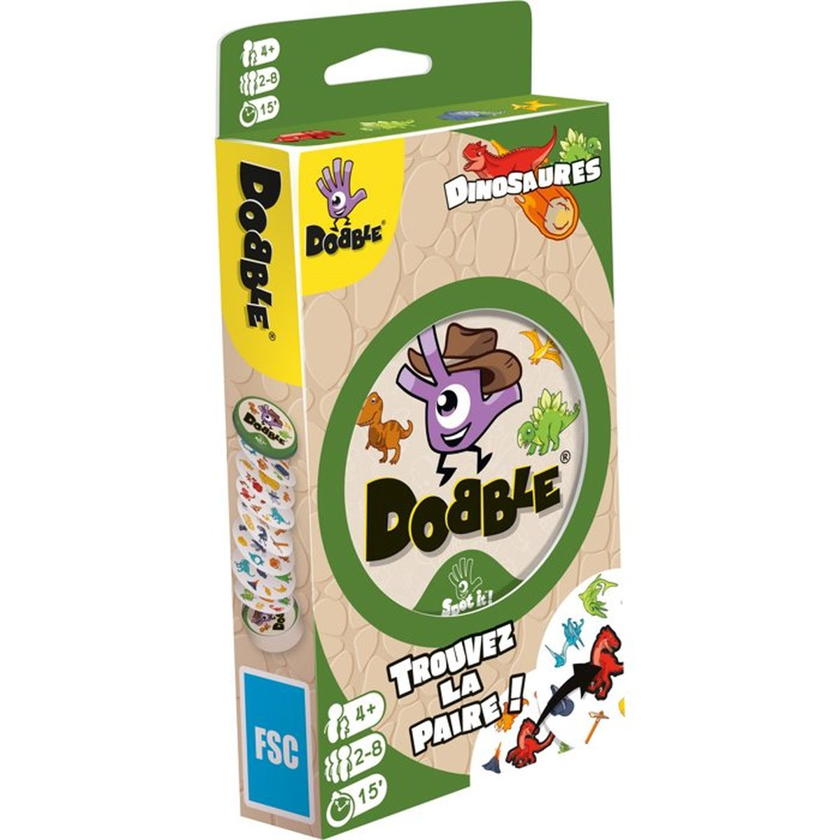 Verpackung des Kartenspiels Dobble Dinosaurs mit bunten Dinosaurier-Motiven.