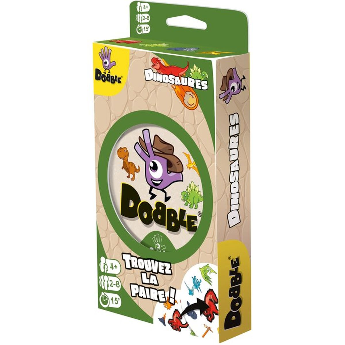 Verpackung des Kartenspiels Dobble Dinosaurs mit bunten Dinosaurier-Illustrationen.