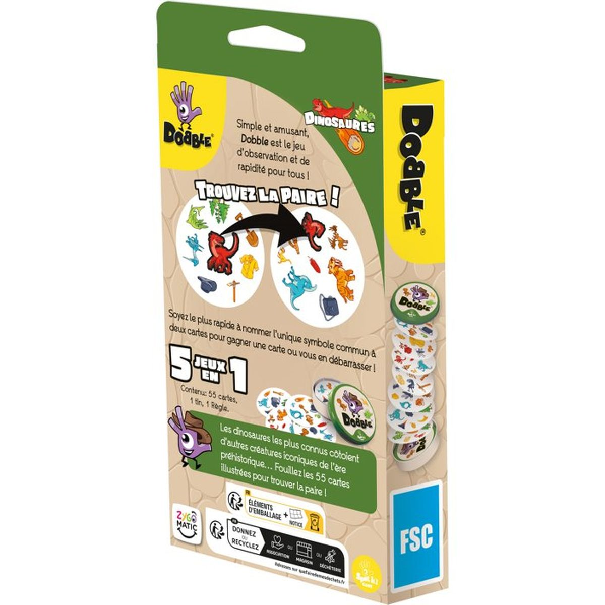 Verpackung des Kartenspiels Dobble Dinosaurs mit bunten Dinosaurier-Symbolen.